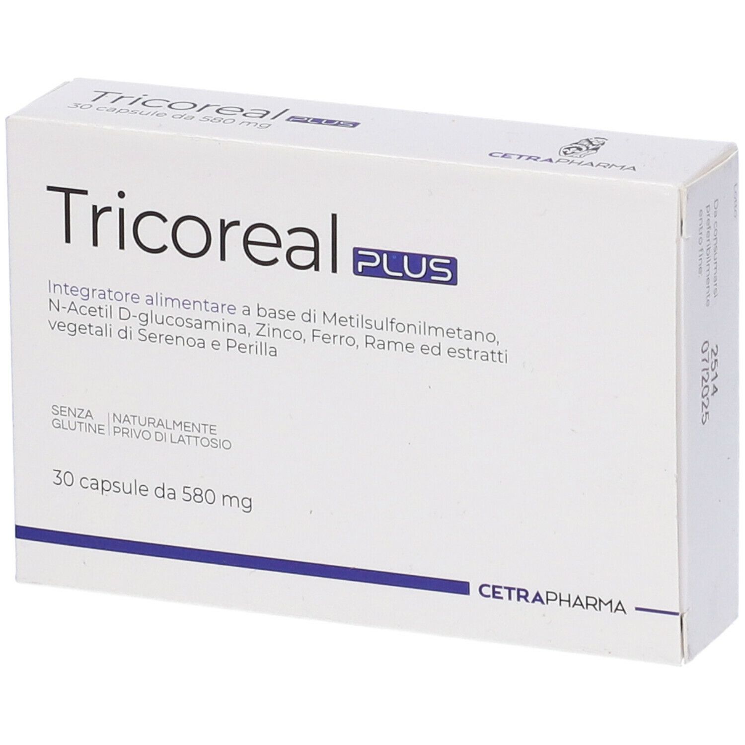 Scatola bianca con logo "Tricoreal PLUS". Contiene 30 capsule. Testo in italiano. Data di scadenza.