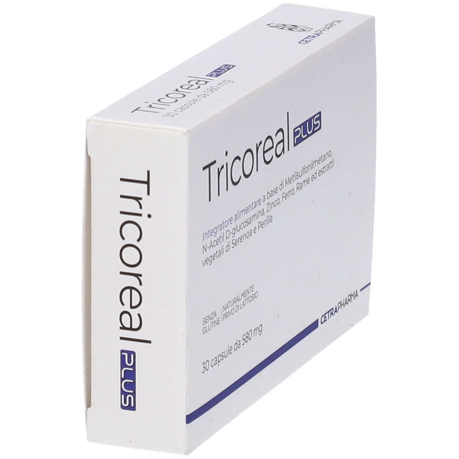 Scatola "Tricoreal PLUS" in prospettiva. Contiene 30 capsule. Testo in italiano.