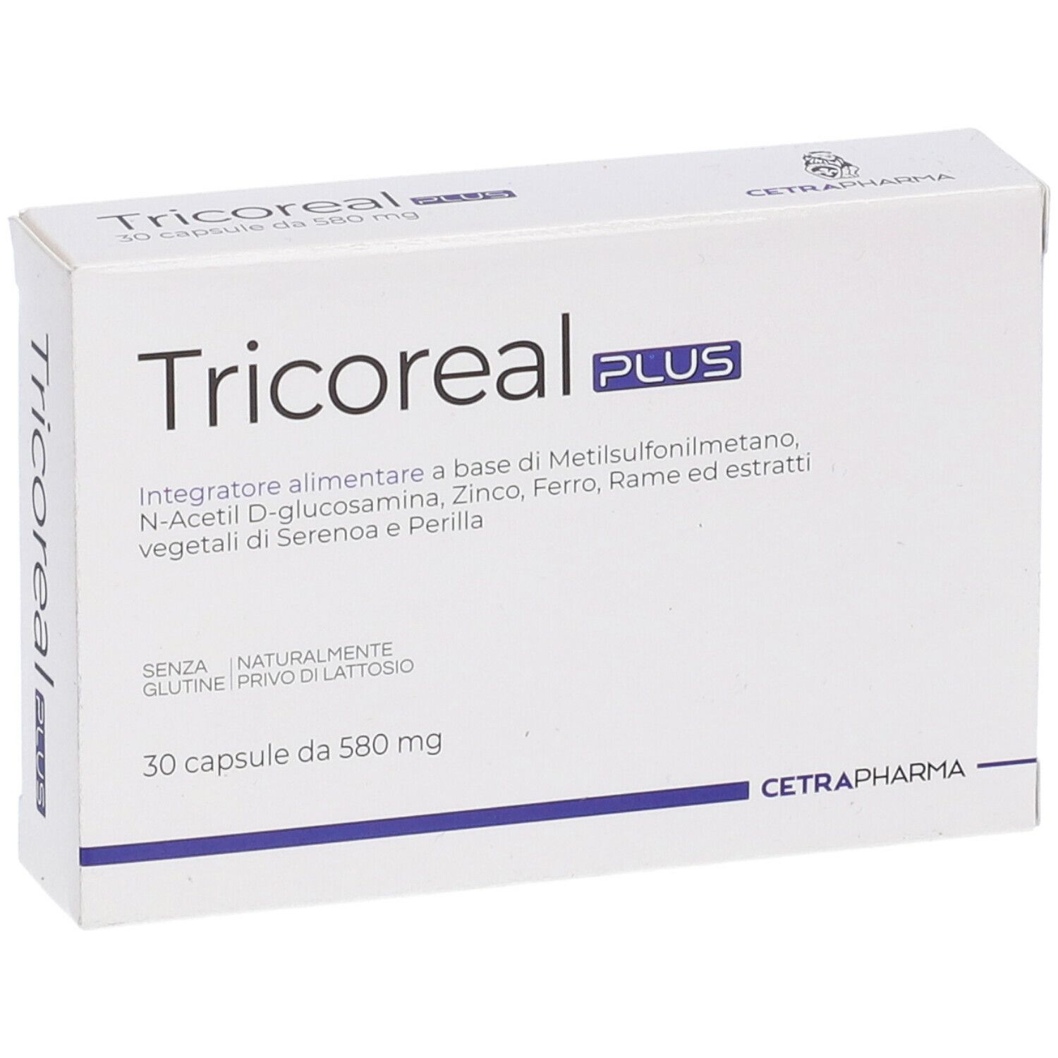 Scatola bianca con logo "Tricoreal PLUS". Contiene 30 capsule. Testo in italiano.