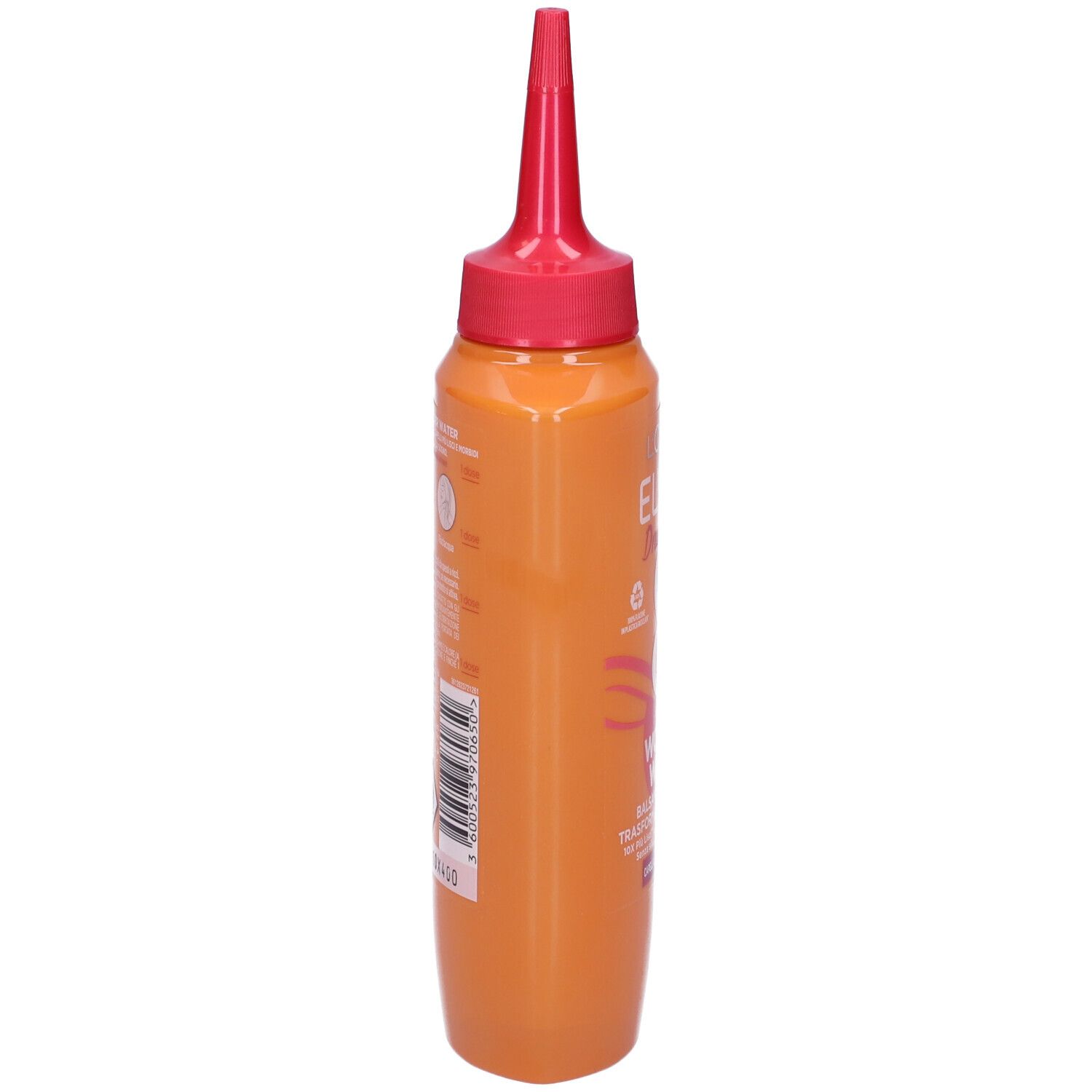 Flacone arancione con tappo rosso. Etichetta con codice a barre e testo in italiano.