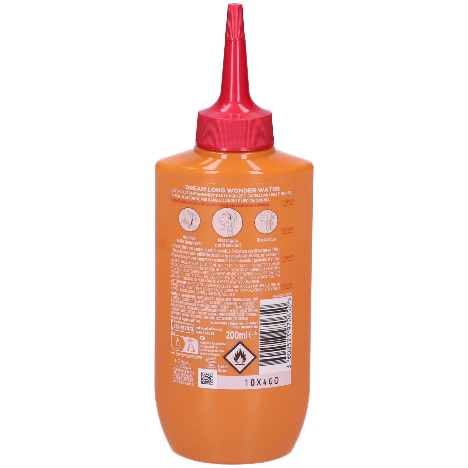 Retro di un flacone arancione con tappo rosso. Testo e simboli in italiano.