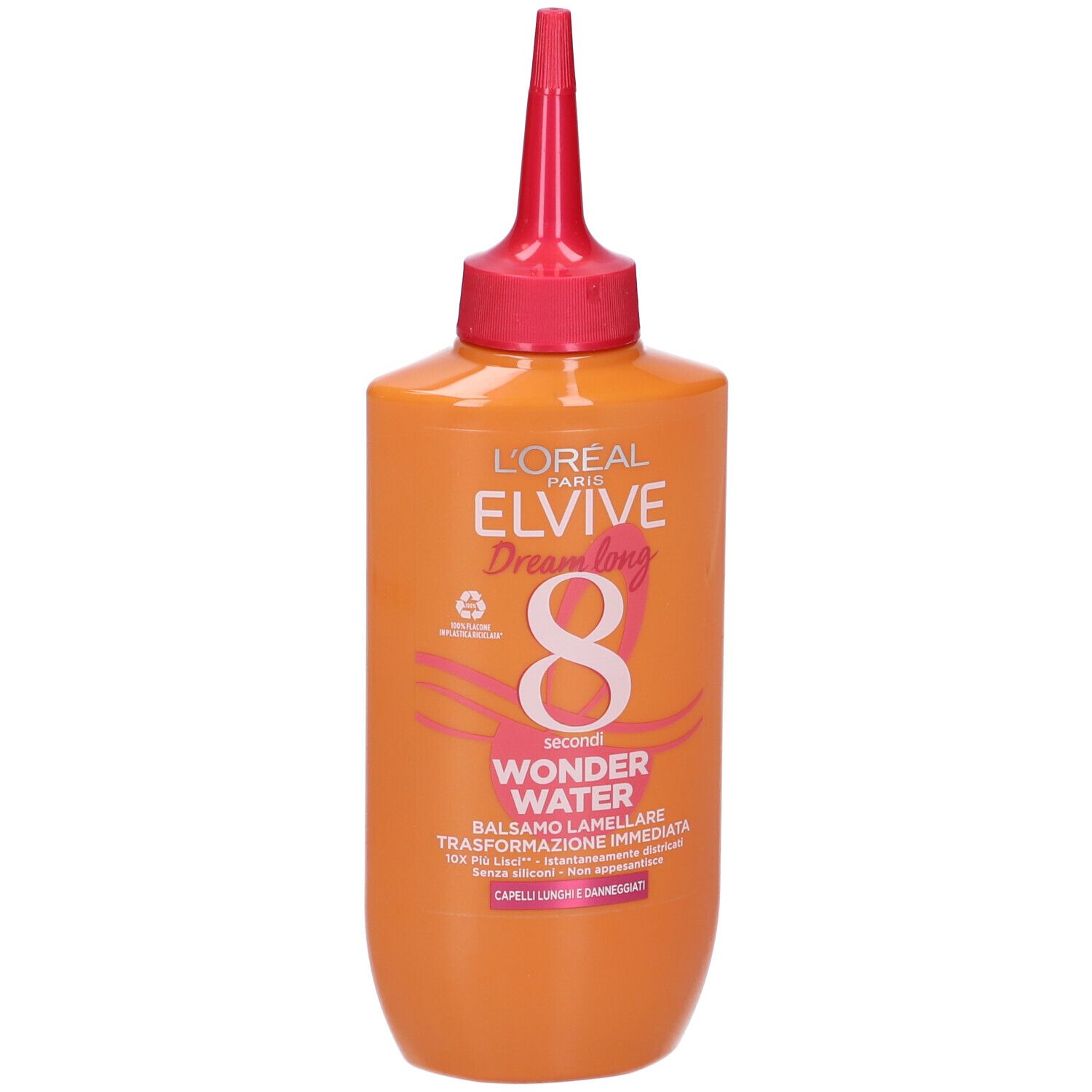 Flacone arancione con tappo rosso. Scritta: L'Oréal Paris Elvive Wonder Water. Testo in italiano.