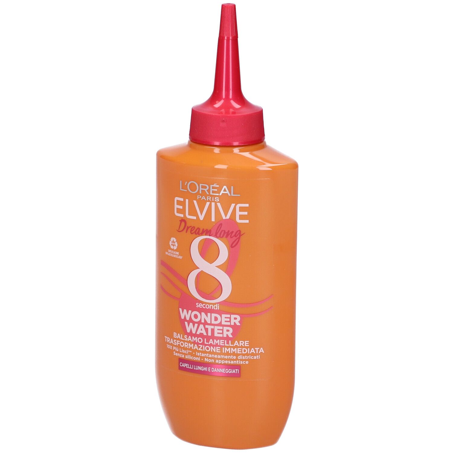 Flacone arancione con tappo rosso. Scritta: L'Oréal Paris Elvive Wonder Water. Testo in italiano.