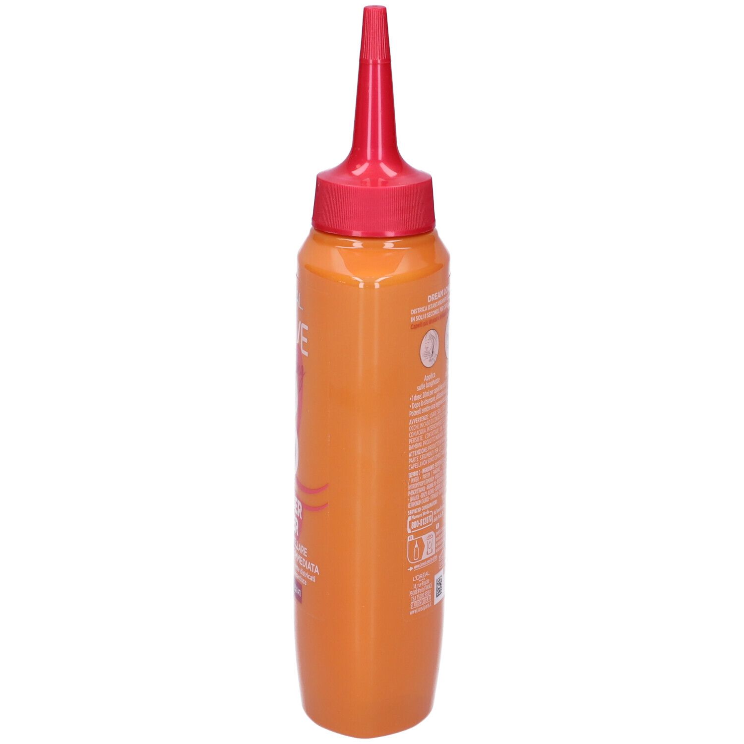 Flacone arancione con tappo rosso. Etichetta con testo in italiano.
