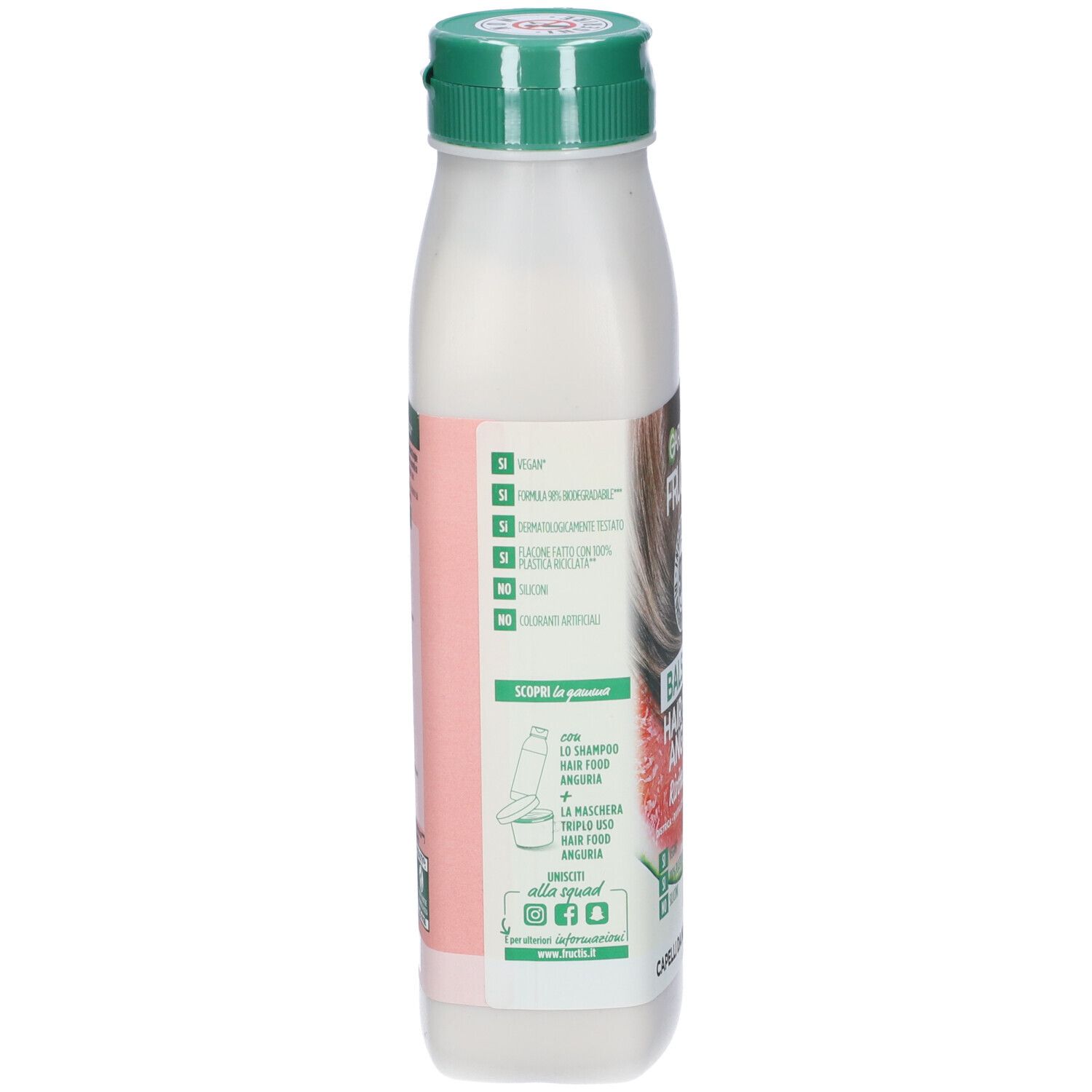 Retro flacone balsamo. Testo: ingredienti, istruzioni. Logo: Garnier. Con plastica riciclata.