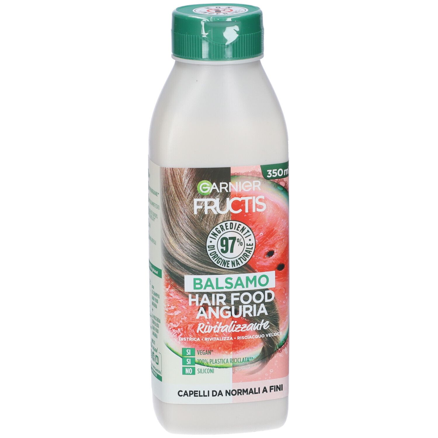 Flacone balsamo. Scritte: Garnier Fructis, Hair Food Anguria, 97% ingredienti naturali. Per capelli fini.