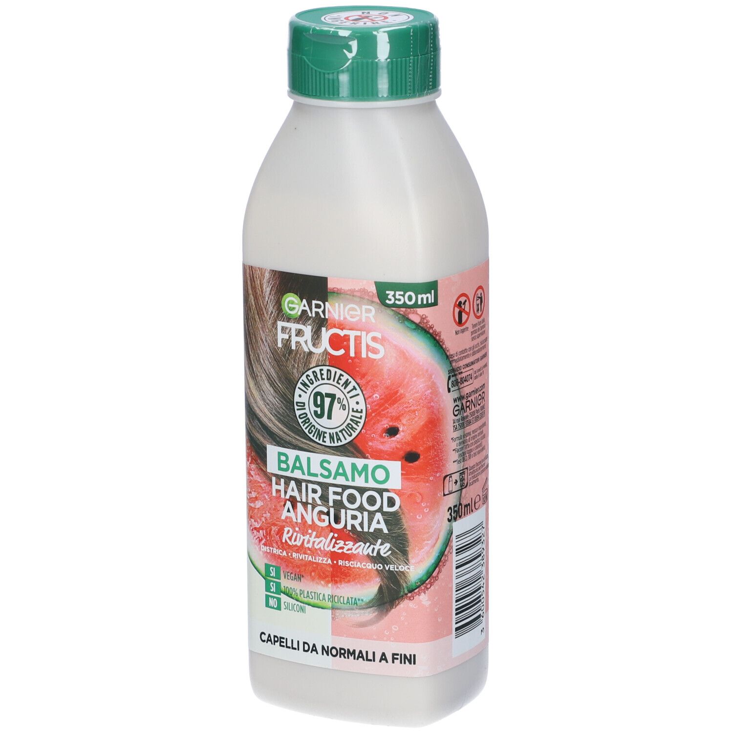 Flacone balsamo. Scritte: Garnier Fructis, Hair Food Anguria, 97% ingredienti naturali. Per capelli fini.