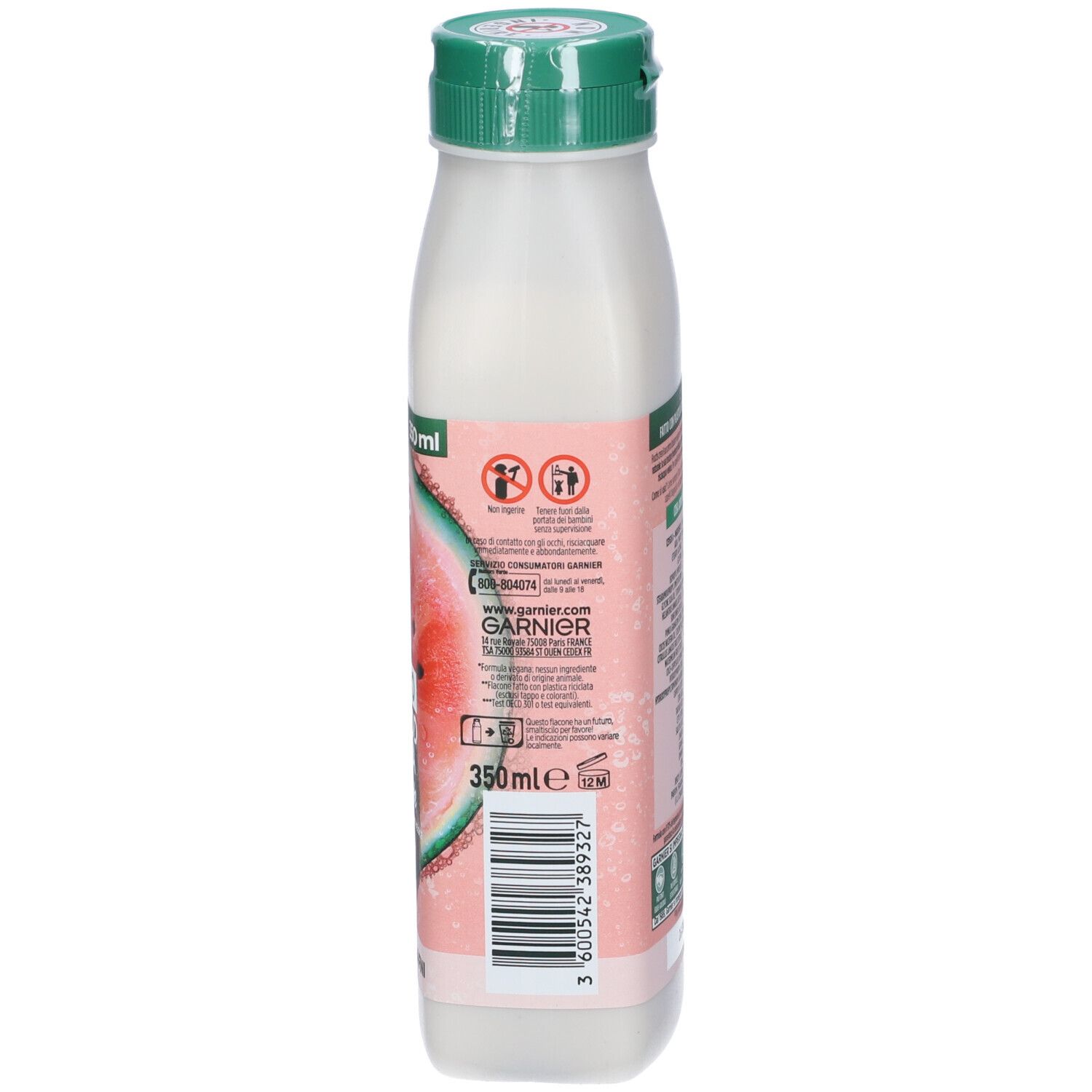 Retro flacone balsamo. Testo: ingredienti, avvertenze. Logo: Garnier. Volume: 350ml.
