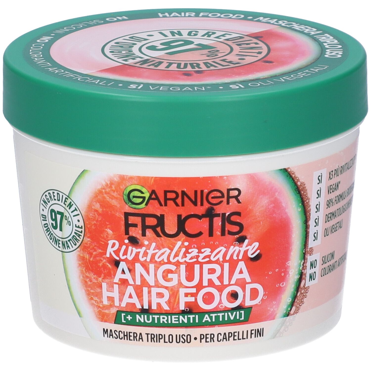 Image of Garnier Fructis Hair Food Anguria Rivitalizzante, Maschera 3-in-1 per Capelli Fini, Balsamo, Maschera e Trattamento senza Risciacquo, 97% di Ingredienti di Origine Naturale, Senza Siliconi