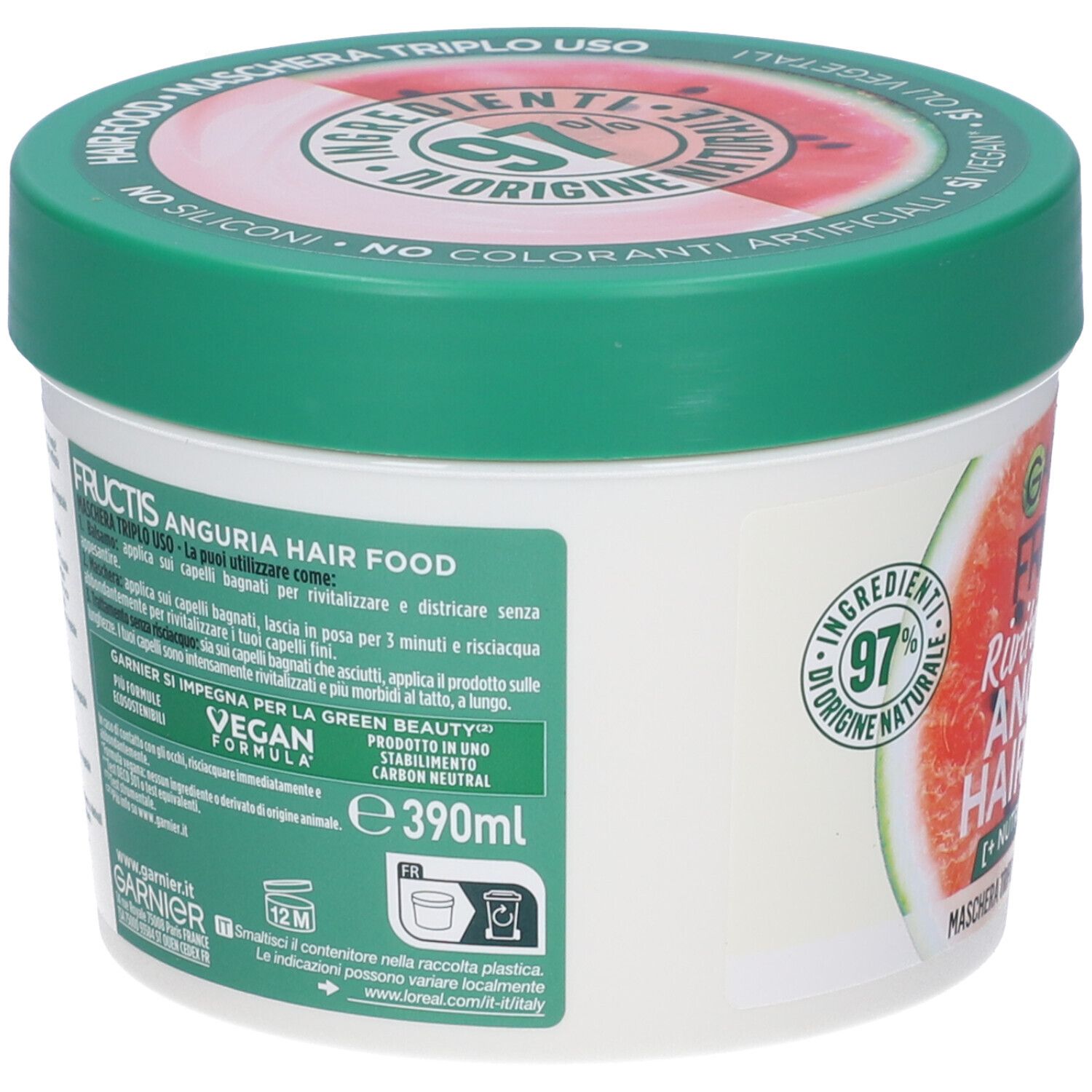 Retro del barattolo. Testo: Garnier Fructis Anguria Hair Food. Vegan Formula. 390ml. Informazioni per l'uso.