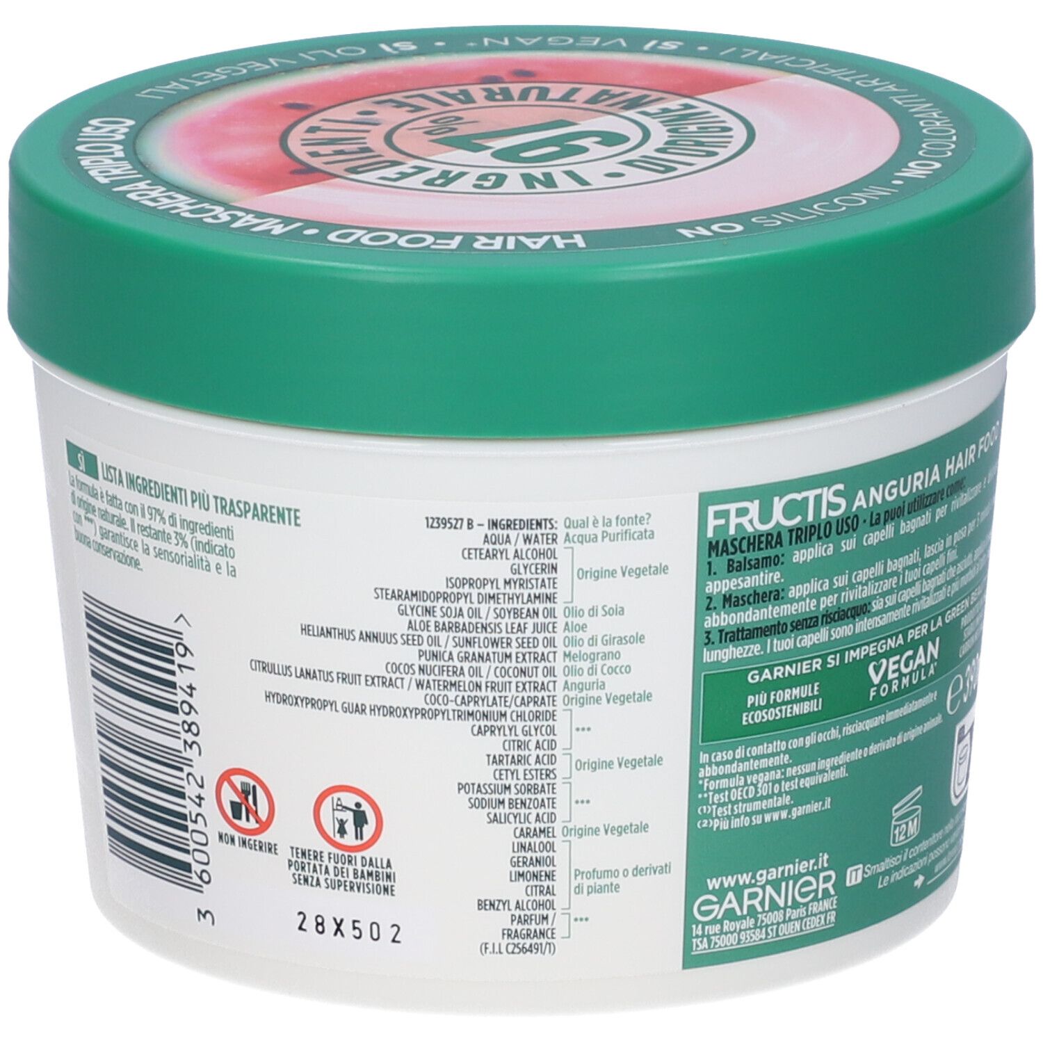 Retro del barattolo. Testo: Garnier Fructis Anguria Hair Food. Ingredienti. Codice a barre e avvertenze.