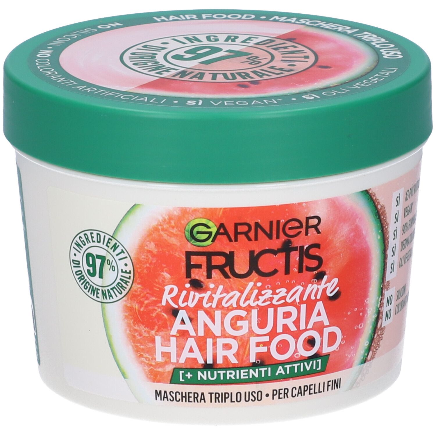 Barattolo rotondo con coperchio verde. Etichetta con anguria e testo: Garnier Fructis Anguria Hair Food.