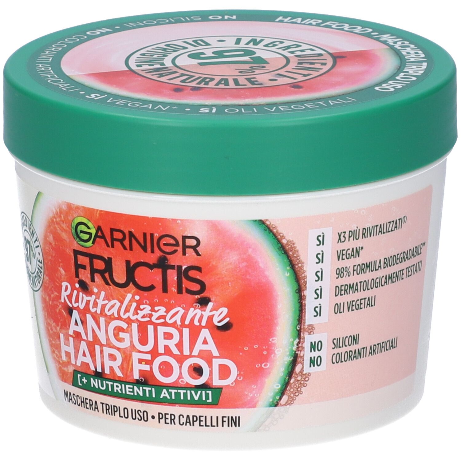 Barattolo rotondo con coperchio verde. Etichetta con anguria e testo: Garnier Fructis Anguria Hair Food.