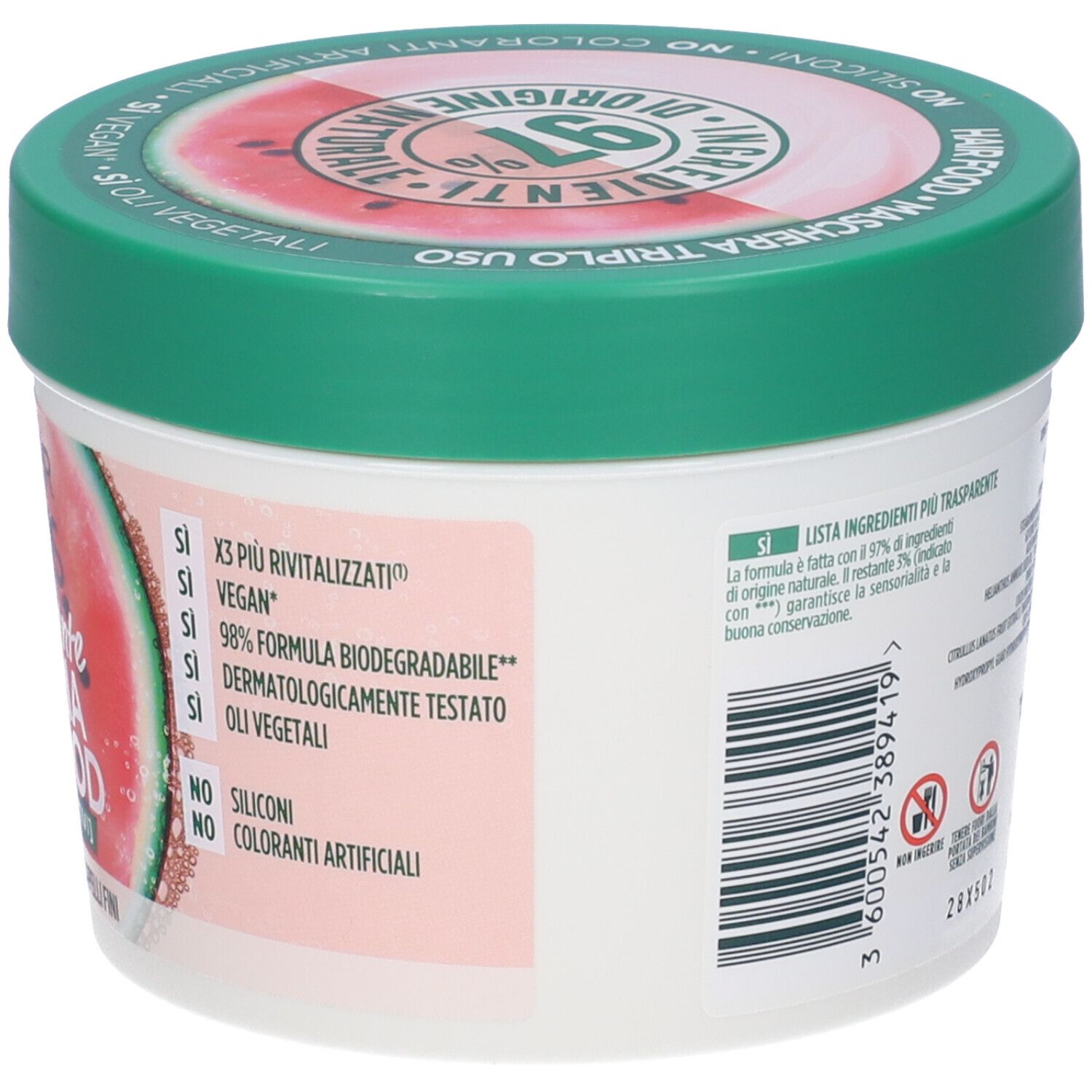 Retro del barattolo. Testo: Garnier Fructis Anguria Hair Food. Vegan, 98% biodegradabile. Dermatologicamente testato.