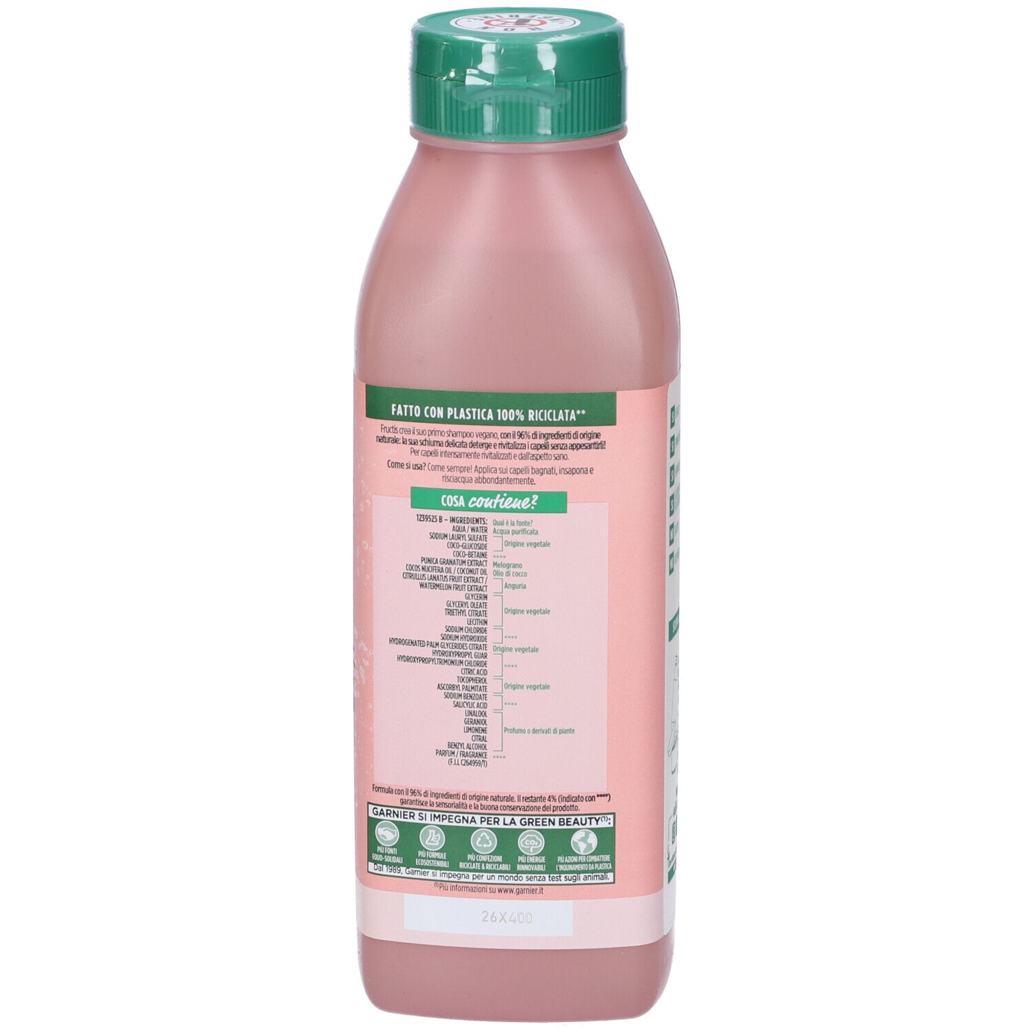 Retro di un flacone di shampoo rosa con tappo verde. Testo: Garnier Fructis, Shampoo Hair Food Anguria. Informazioni sugli ingredienti e il riciclo.