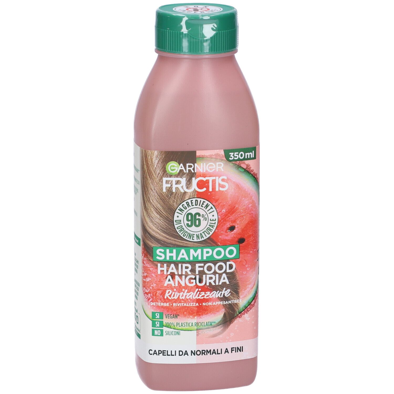 Flacone di shampoo rosa con tappo verde. Scritta: Garnier Fructis, Shampoo Hair Food Anguria. 96% ingredienti di origine naturale.