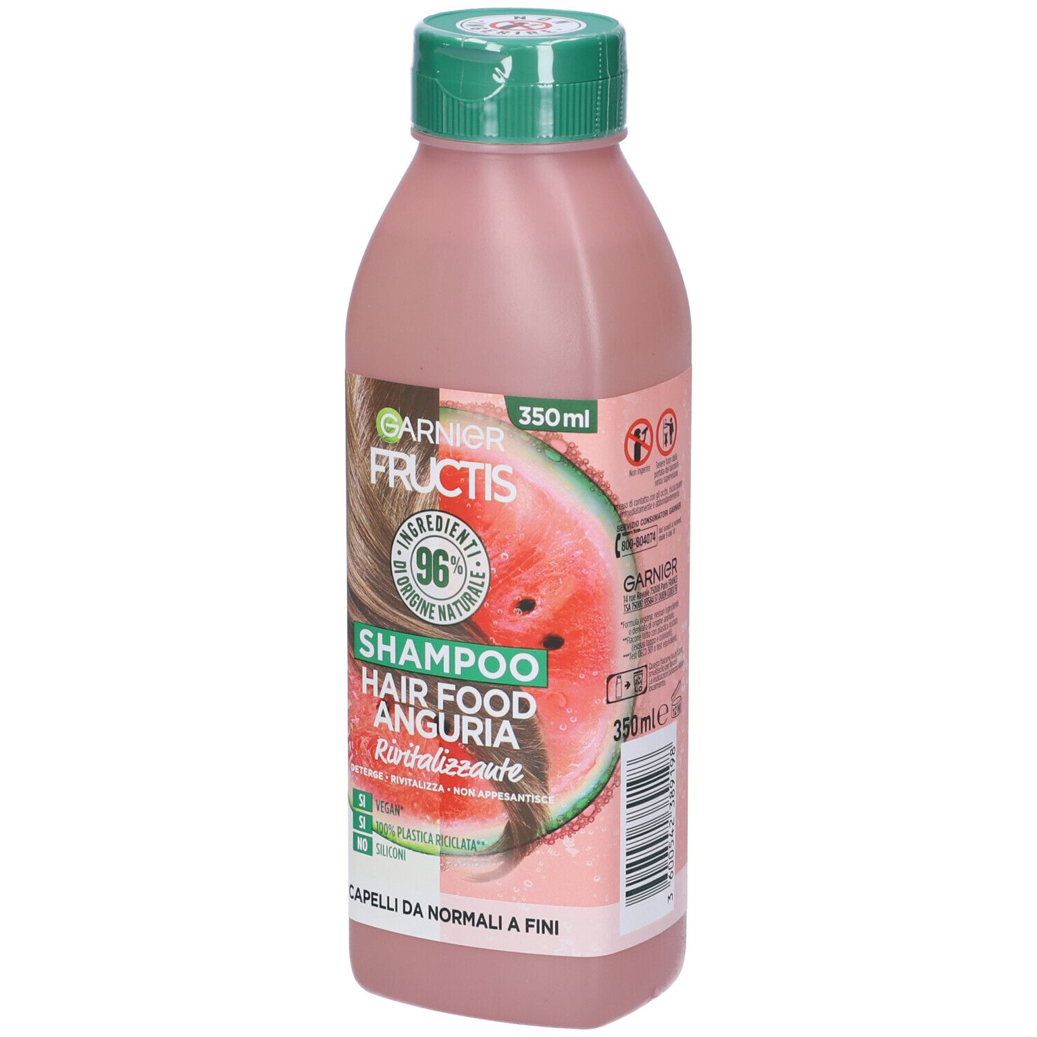 Flacone di shampoo rosa con tappo verde. Scritta: Garnier Fructis, Shampoo Hair Food Anguria. 96% ingredienti di origine naturale.