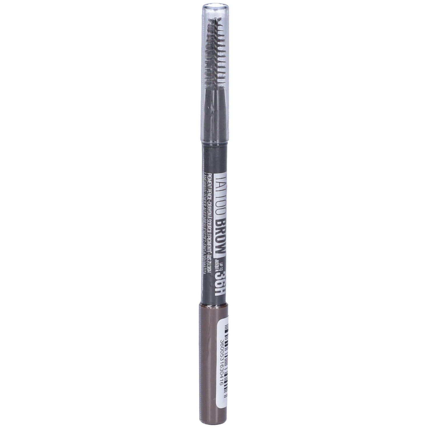 Matita per sopracciglia con spazzola. Scritta: MAYBELLINE TATTOO BROW 36H. Colore: Deep Brown 07.