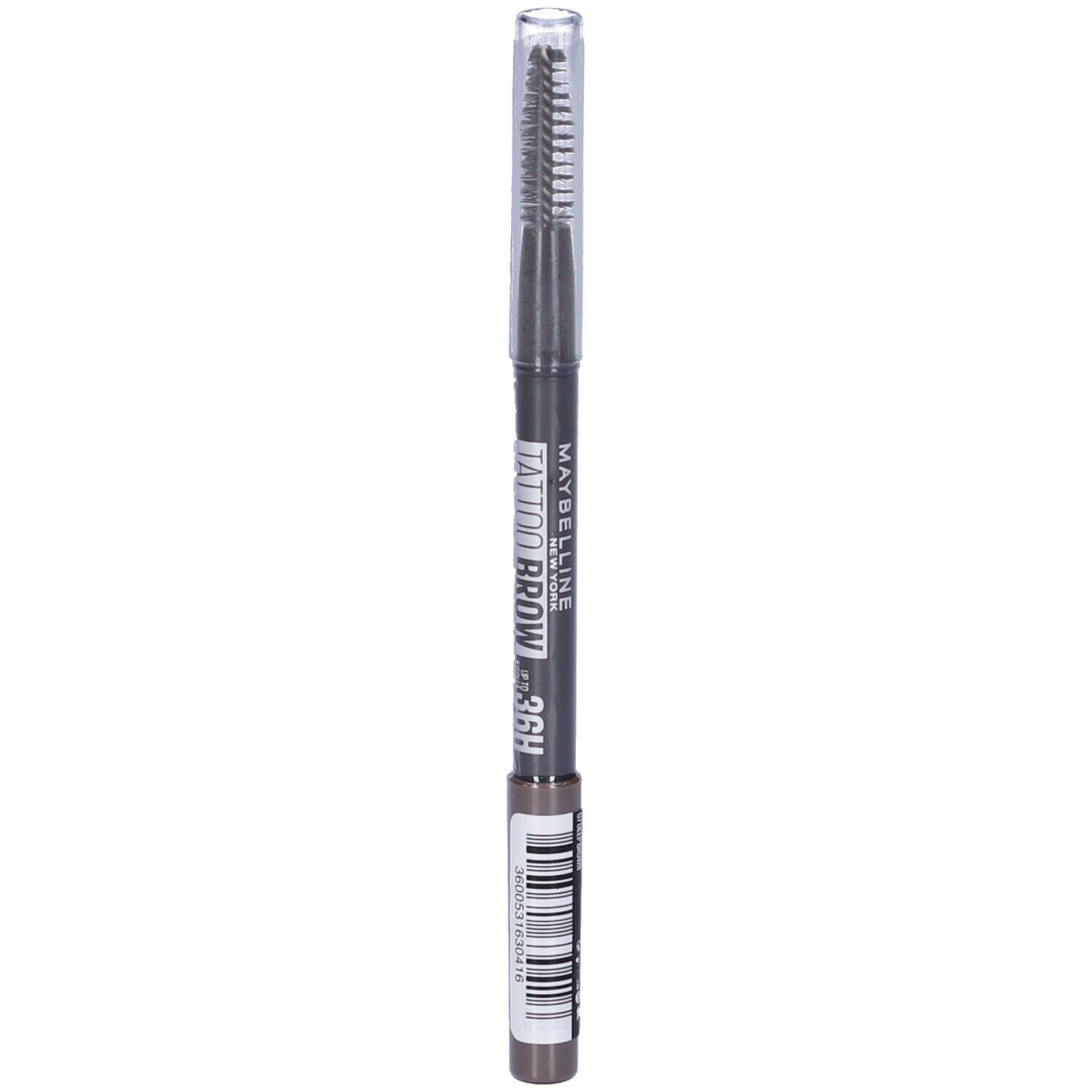 Matita per sopracciglia con spazzola. Scritta: MAYBELLINE TATTOO BROW 36H. Colore: Deep Brown 07.