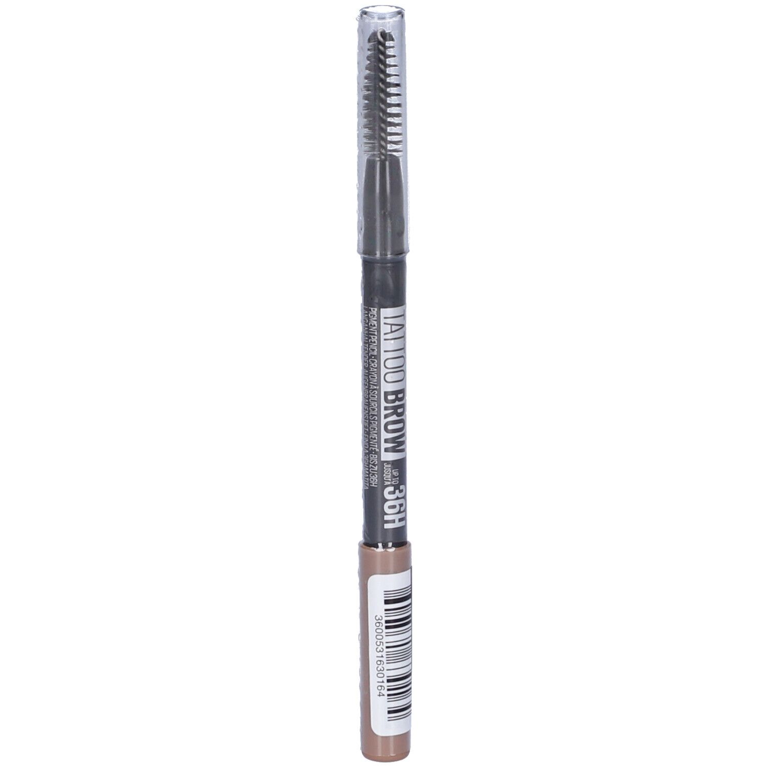 Matita per sopracciglia con spazzola. Scritta: Tattoo Brow 36H. Colore: Blonde 02. Con codice a barre.