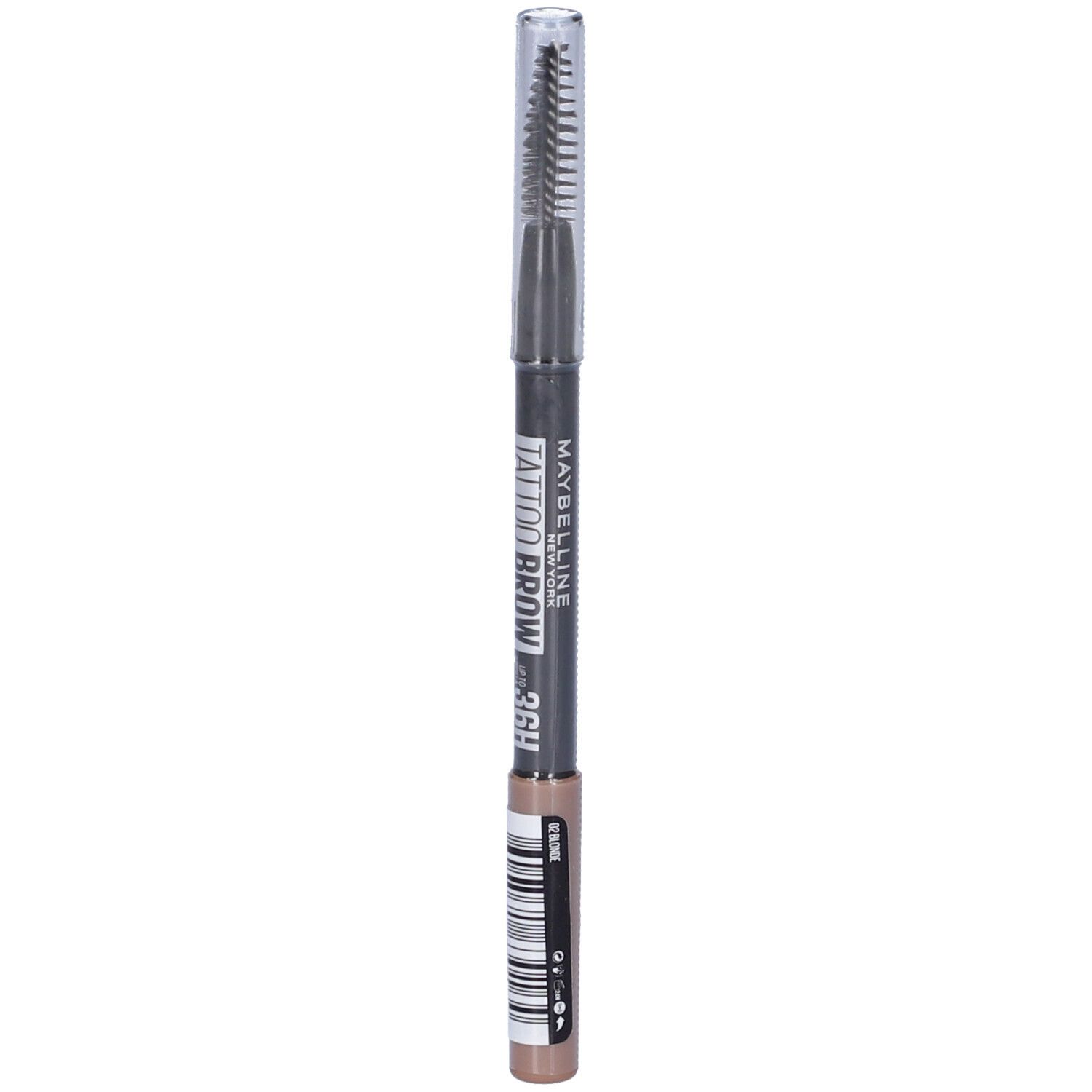 Matita per sopracciglia con spazzola. Scritta: Tattoo Brow 36H. Colore: Blonde 02. Con codice a barre.