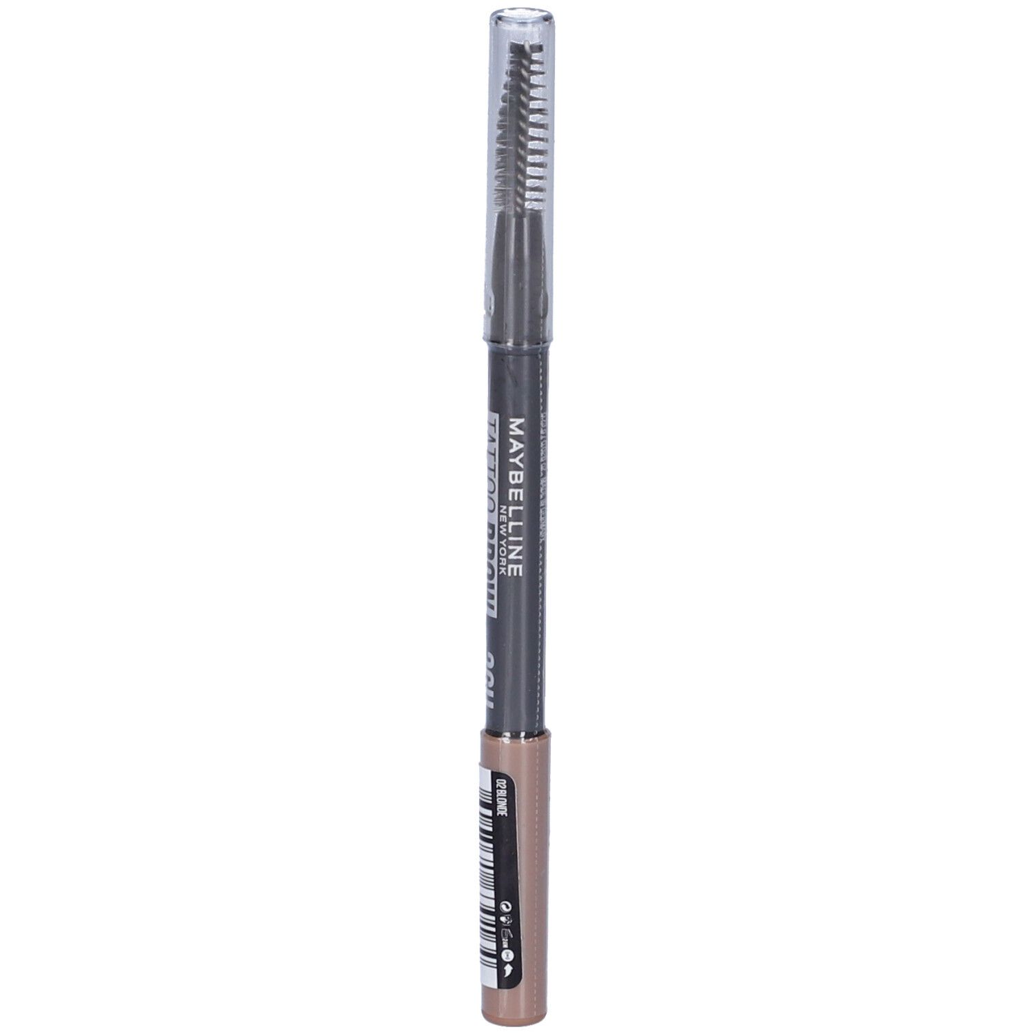 Matita per sopracciglia con spazzola. Scritta: Tattoo Brow 36H. Colore: Blonde 02. Con codice a barre.