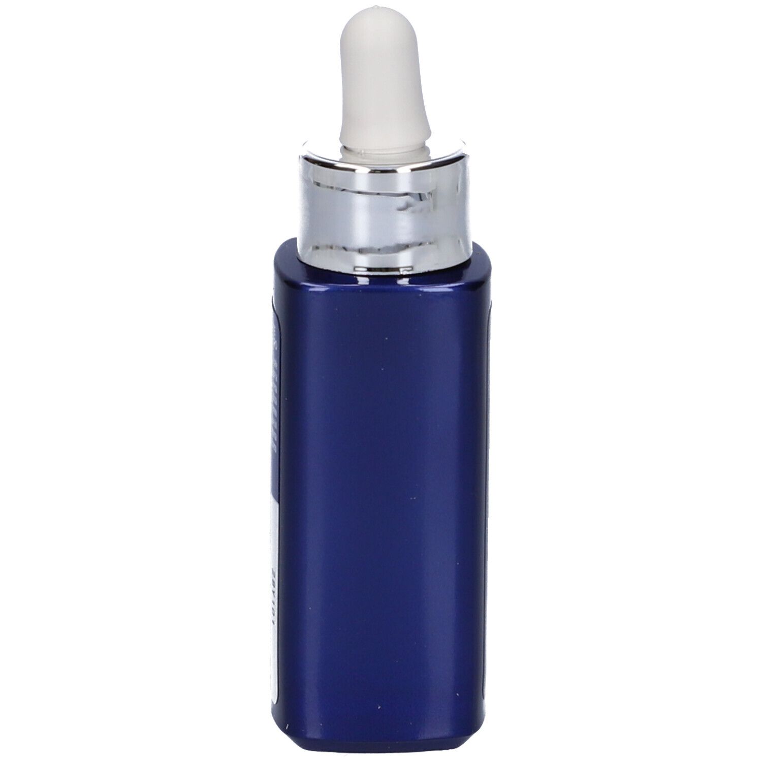 Flacone blu scuro con tappo argentato e contagocce bianco.