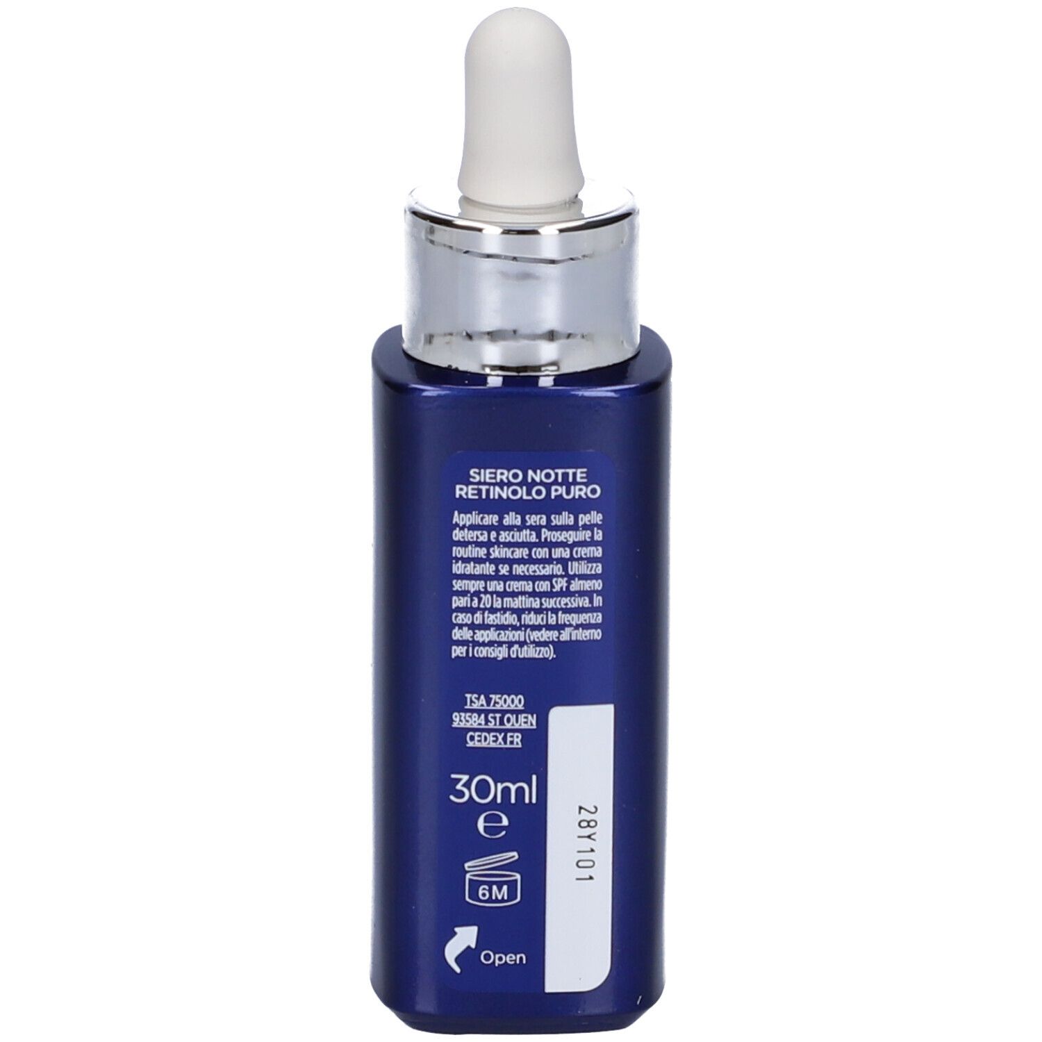 Flacone blu scuro con contagocce bianco. Testo: Retinolo Puro, 30ml, 6M.