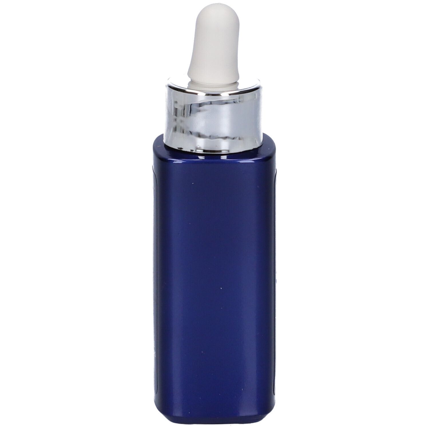 Flacone blu scuro con tappo argentato e contagocce bianco.