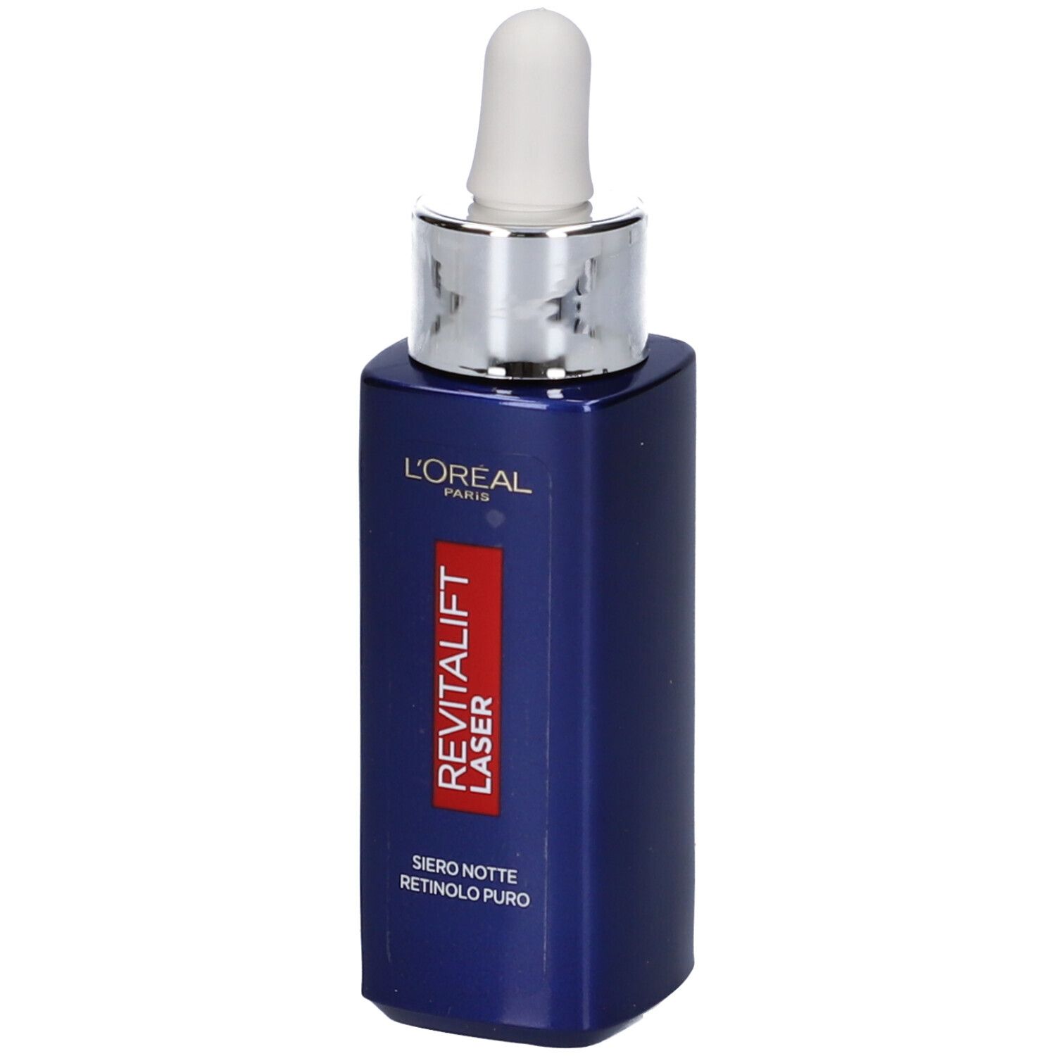 Flacone blu scuro con contagocce bianco. L'Oréal Paris Revitalift Laser, siero al retinolo.
