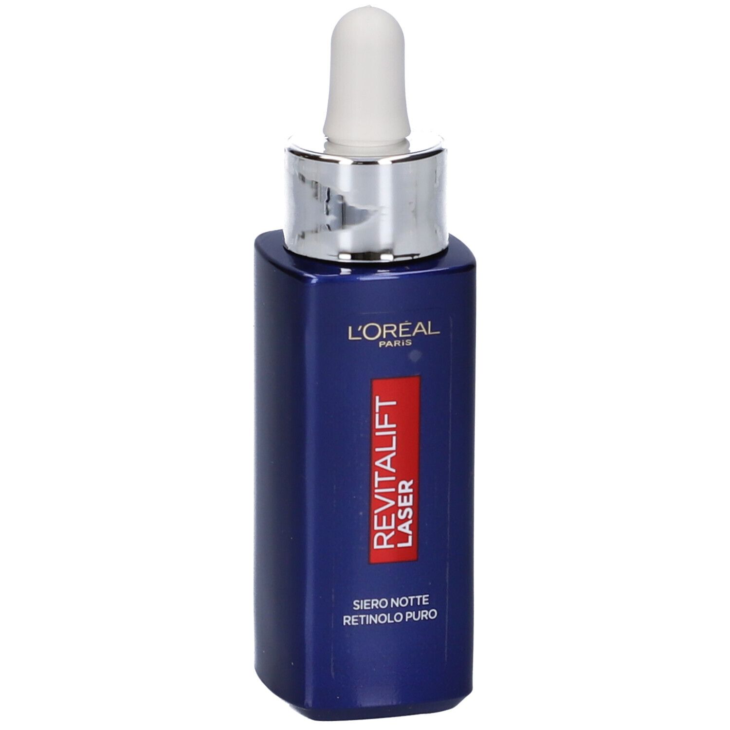 Flacone blu scuro con contagocce bianco. L'Oréal Paris Revitalift Laser, siero al retinolo.