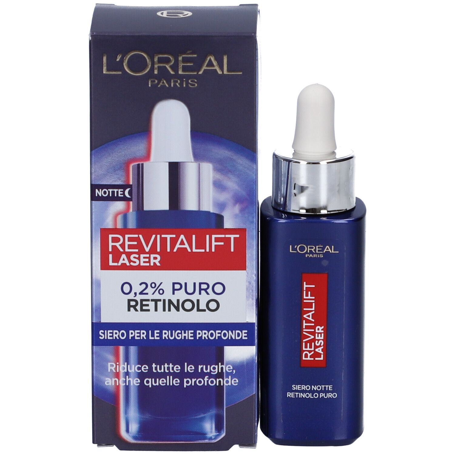 Confezione del prodotto con flacone e scatola. L'Oréal Paris Revitalift Laser, 0,2% Retinolo.