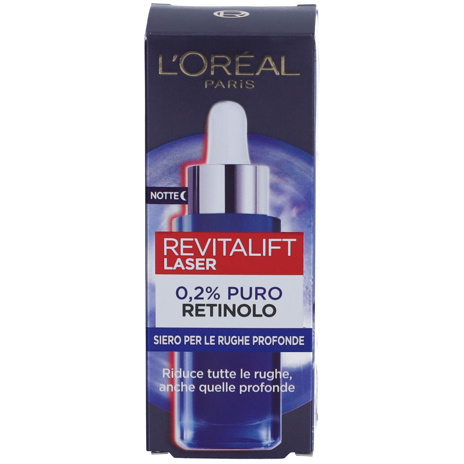 Confezione del prodotto con flacone e scatola. L'Oréal Paris Revitalift Laser, 0,2% Retinolo.