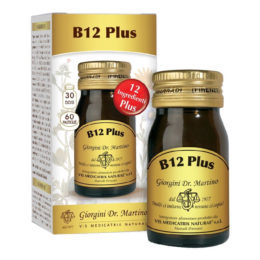 Confezione del prodotto B12 Plus con flacone e scatola. Scritta: B12 Plus, 60 Pastiglie, 12 ingredienti Plus.