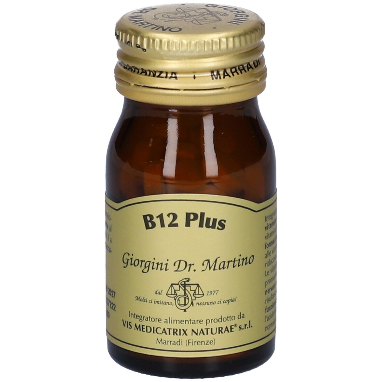 Flacone di vetro marrone con tappo dorato. Scritta: B12 Plus, Giorgini Dr. Martino. Etichetta con logo e testo.