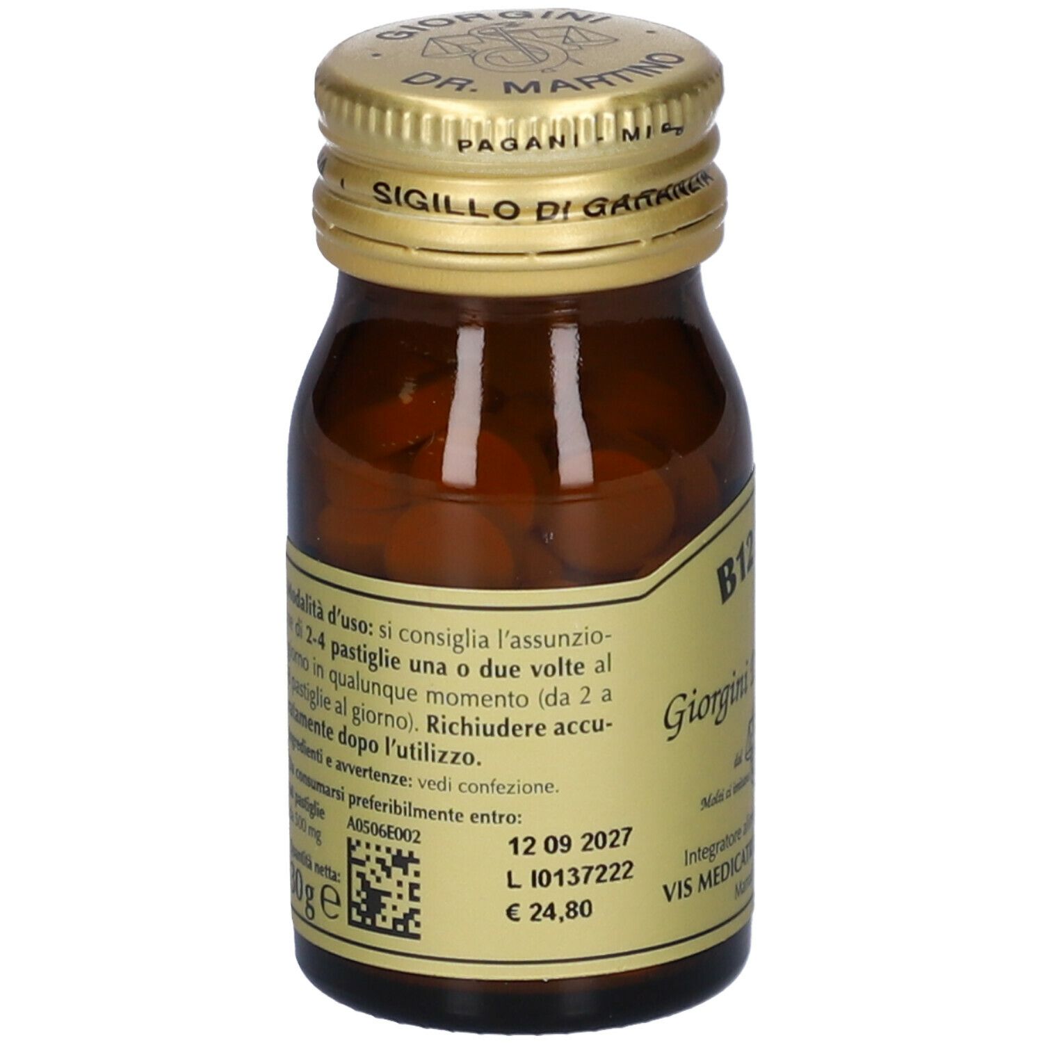 Flacone di vetro marrone con tappo dorato. Scritta: B12 Plus, Giorgini Dr. Martino. Etichetta con logo e testo.