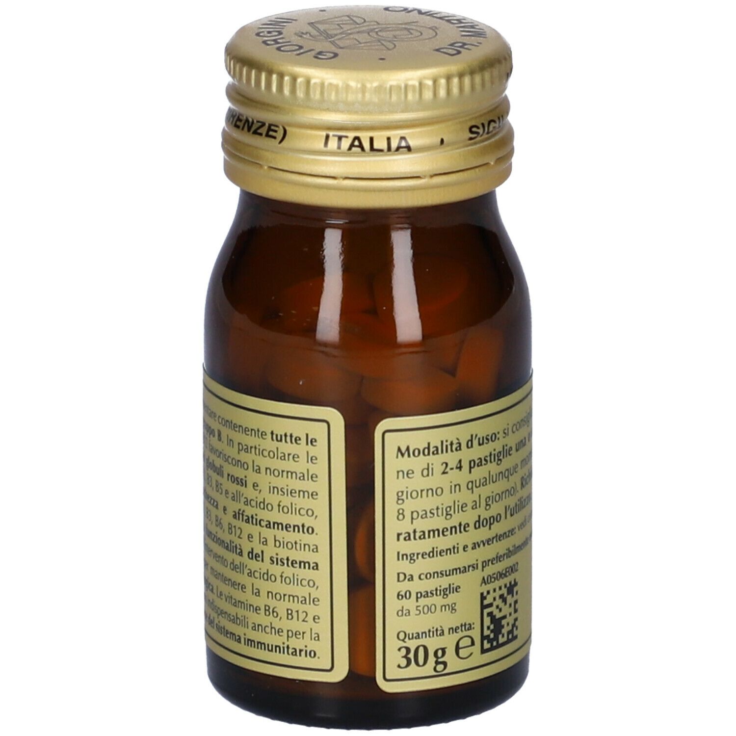 Flacone di vetro marrone con tappo dorato. Scritta: B12 Plus, Giorgini Dr. Martino. Etichetta con logo e testo.