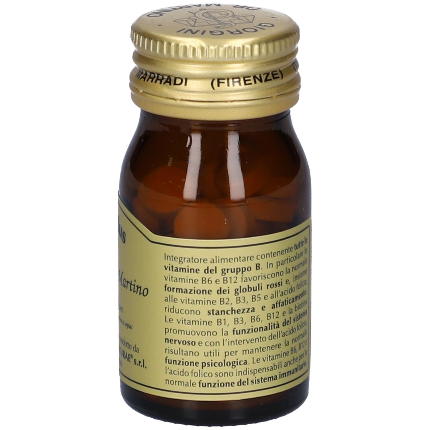 Flacone di vetro marrone con tappo dorato. Scritta: B12 Plus, Giorgini Dr. Martino. Etichetta con logo e testo.
