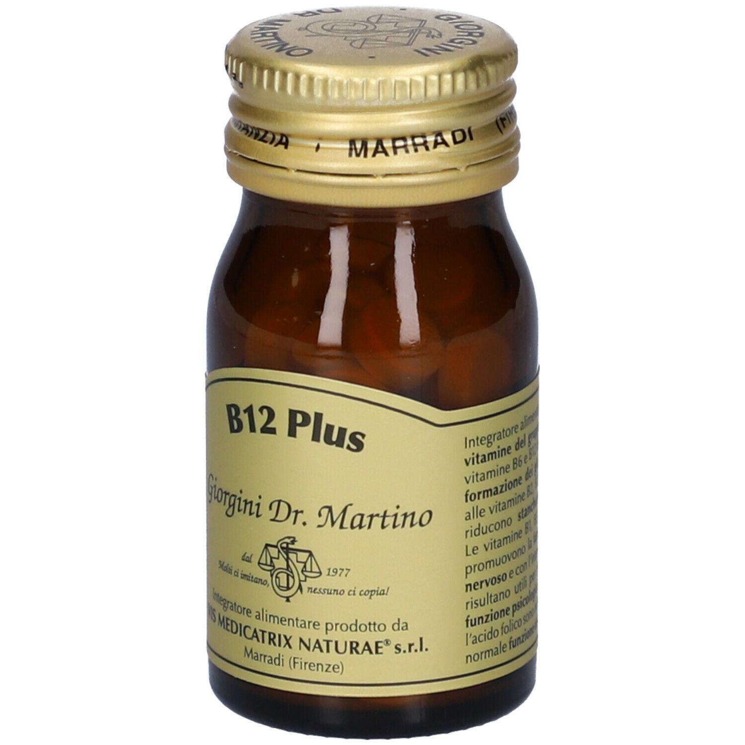 Flacone di vetro marrone con tappo dorato. Scritta: B12 Plus, Giorgini Dr. Martino. Etichetta con logo e testo.