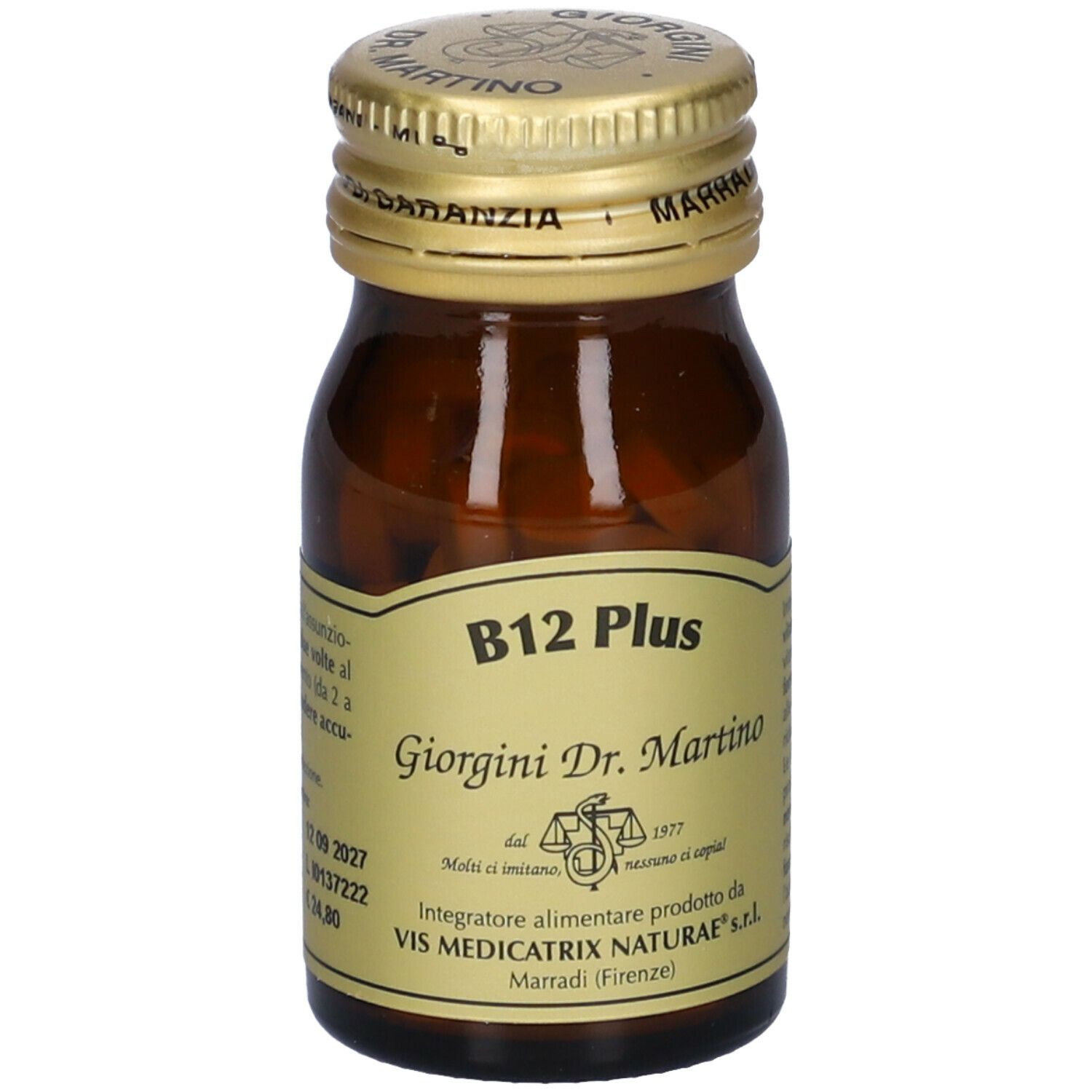 Flacone di vetro marrone con tappo dorato. Scritta: B12 Plus, Giorgini Dr. Martino. Etichetta con logo e testo.