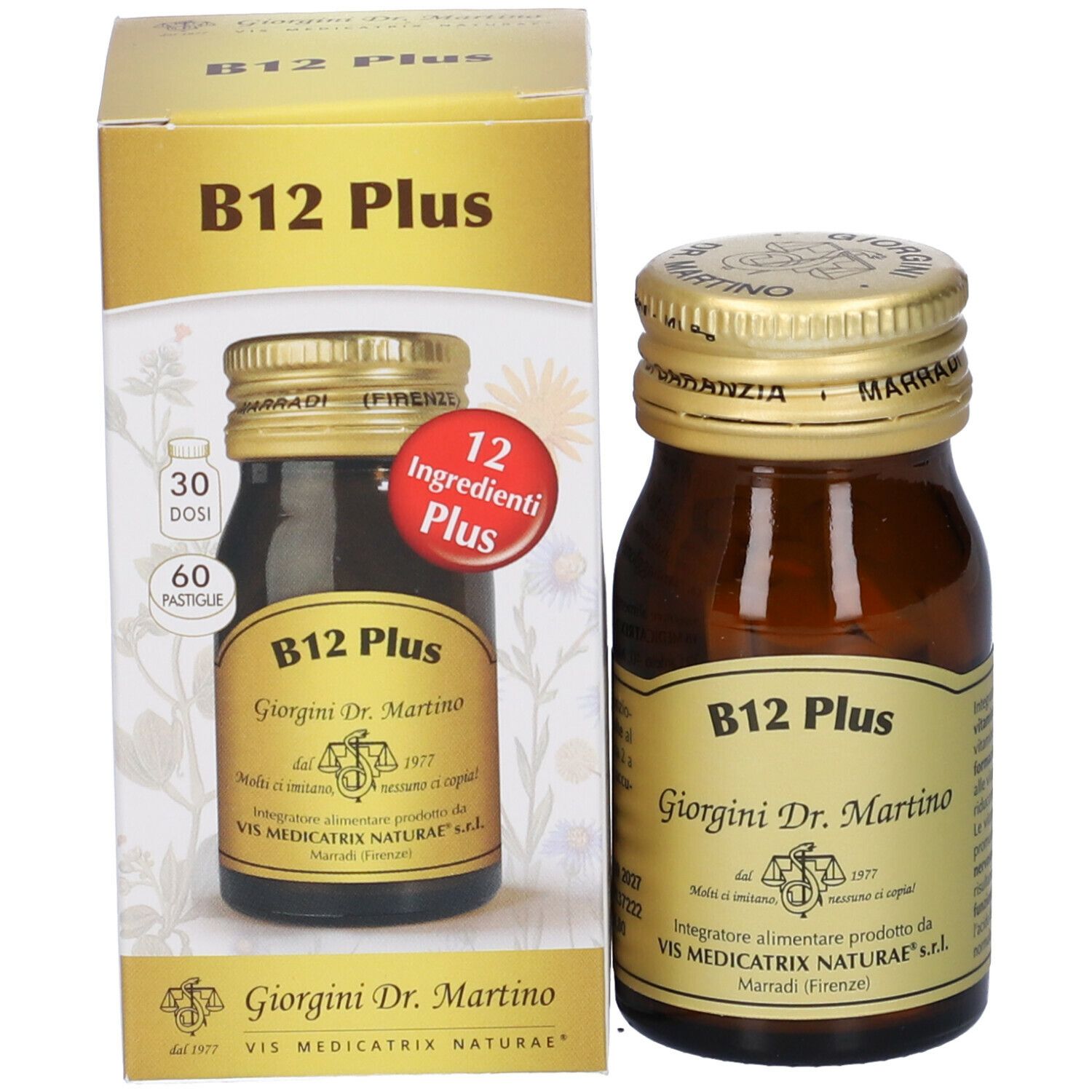 Confezione del prodotto B12 Plus con flacone e scatola. Scritta: B12 Plus, 60 Pastiglie, 12 ingredienti Plus.