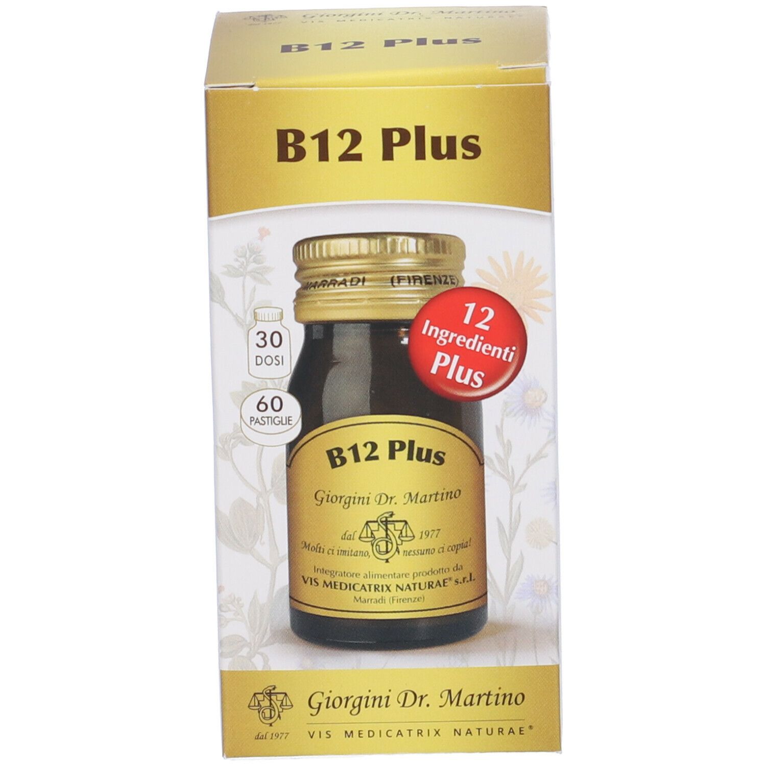 Confezione del prodotto B12 Plus con flacone e scatola. Scritta: B12 Plus, 60 Pastiglie, 12 ingredienti Plus.