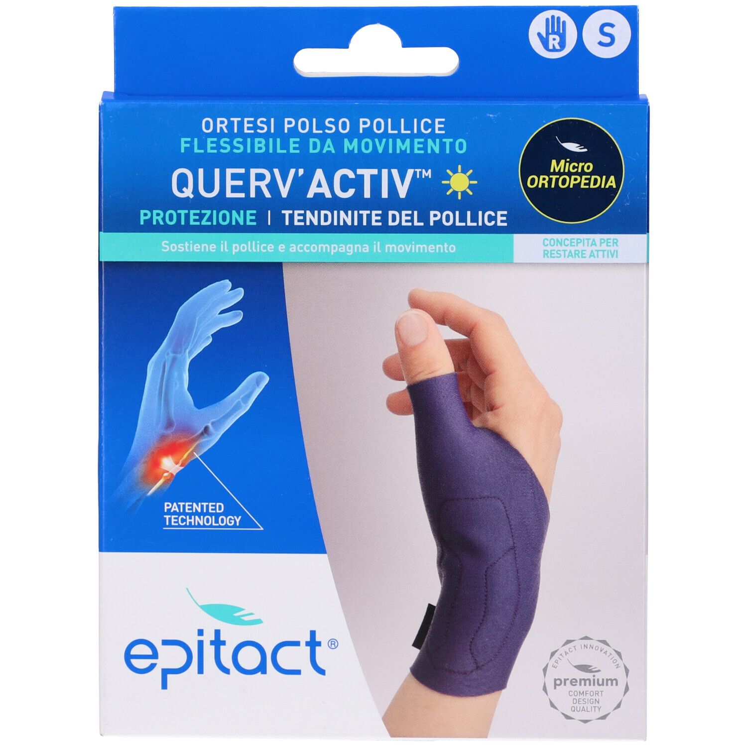 Confezione con ortesi blu per polso e pollice. Testo: QUERV'ACTIV, Epitact, Micro Ortopedia, taglia S.