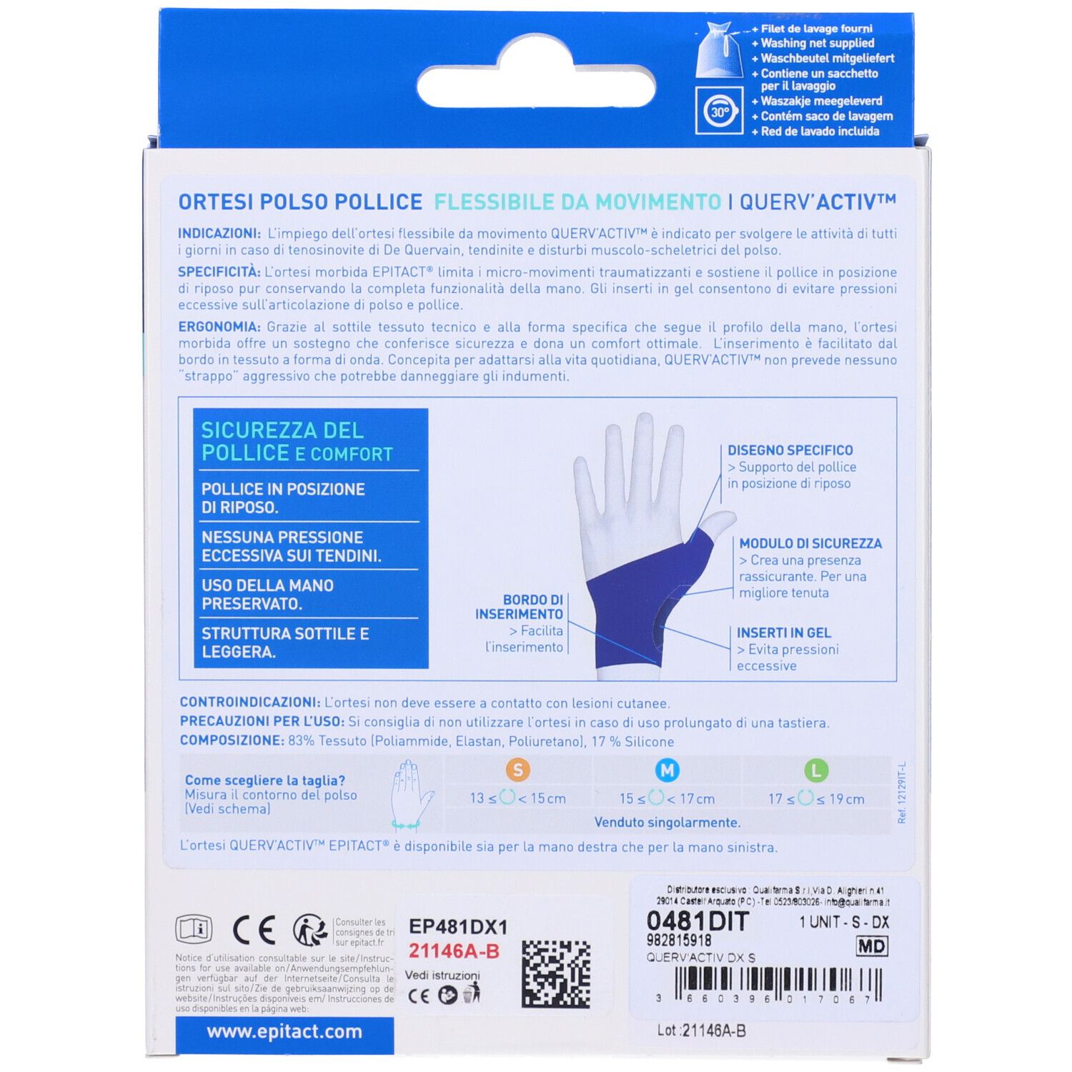 Retro della confezione con informazioni sull'ortesi per polso e pollice. Diagrammi, testo e indicazioni taglie.
