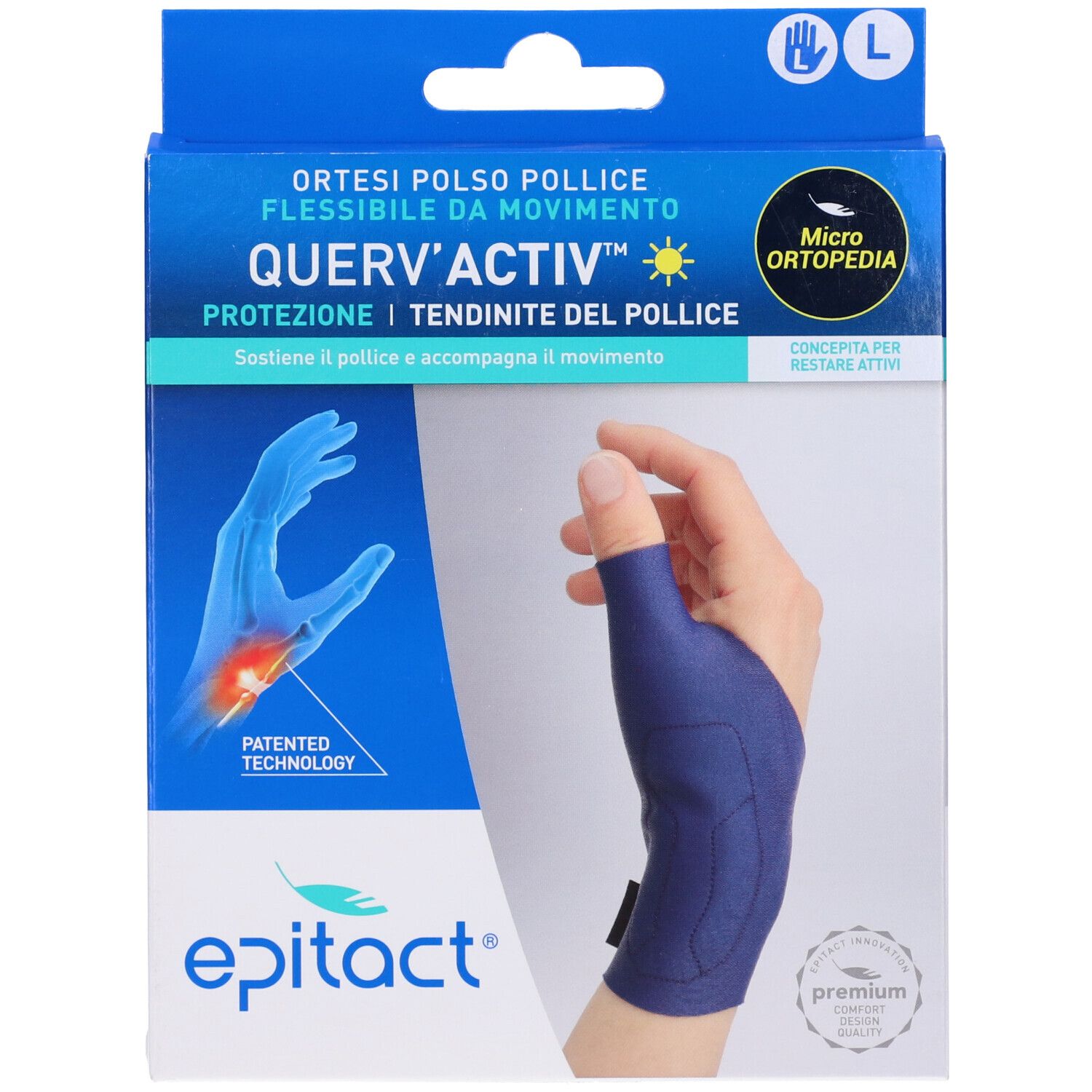 Confezione blu e bianca con tutore per polso. Testo: QUERV'ACTIV, Epitact, Micro Ortopedia. Taglia L.
