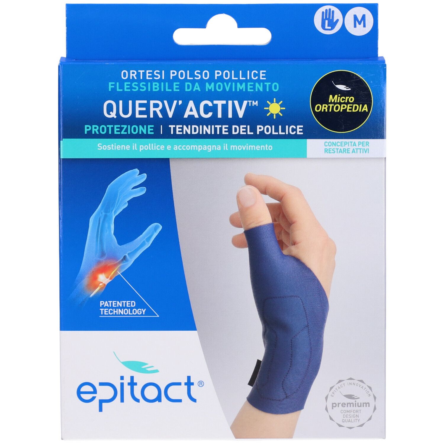 Blaue Handgelenkstütze in Verpackung. Oben rechts: Größe M. Text: QUERV'ACTIV, Epitact. Mit Hand-Illustration.