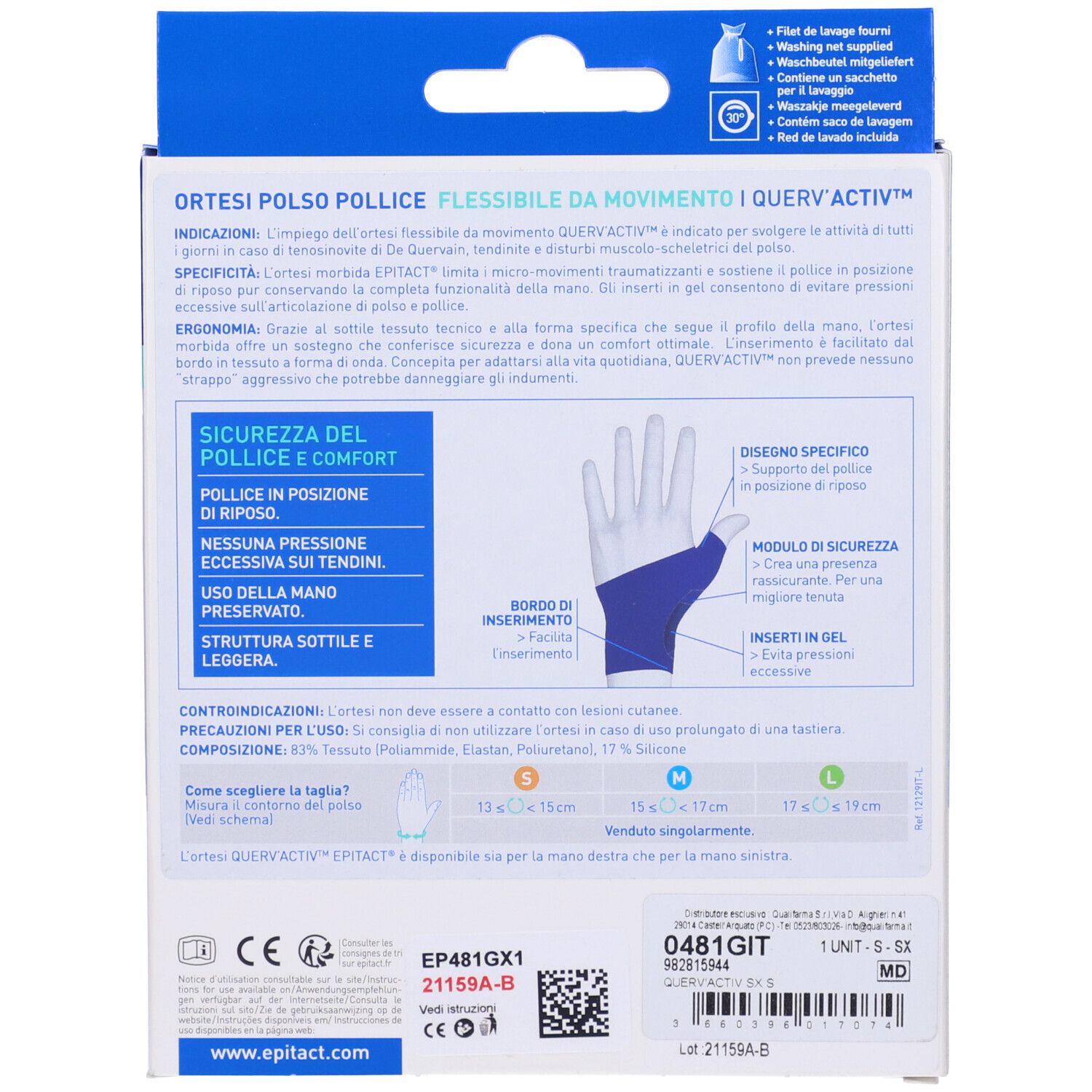 Rückseite der Produktverpackung. Zeigt Text und eine schematische Darstellung des Daumenverbandes. Größenangaben: S, M, L.