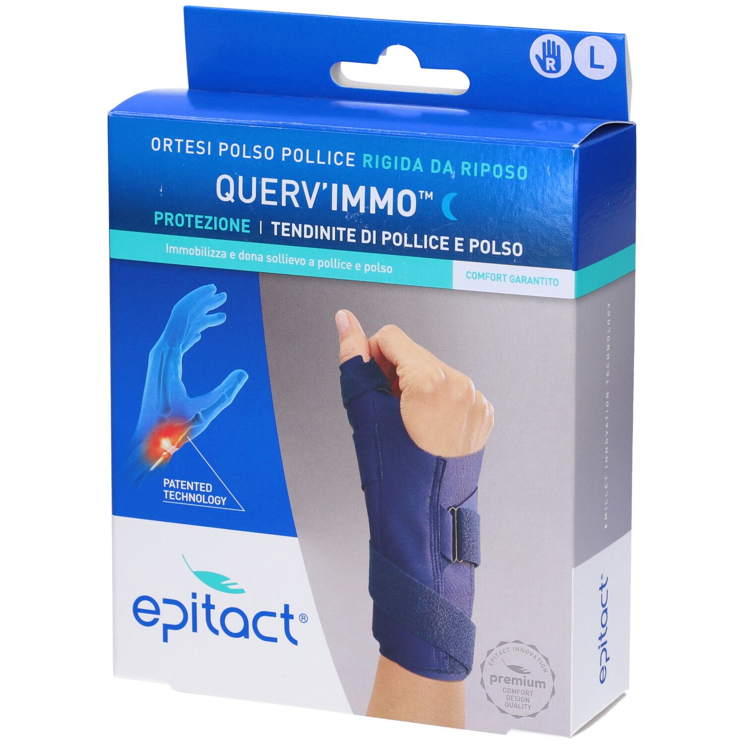 Confezione Epitact. Ortesi polso pollice rigida da riposo QUERV'IMMO, taglia L. Mano con tutore. Logo Epitact. Blu e bianco.