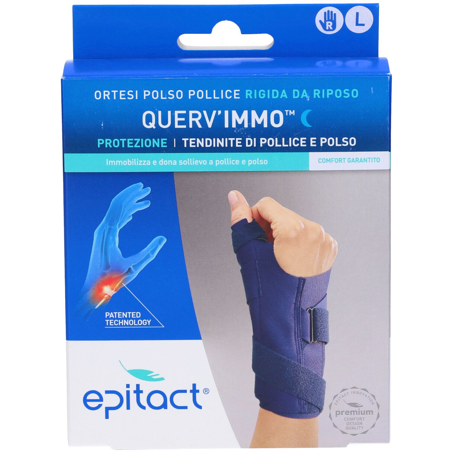 Confezione Epitact. Ortesi polso pollice rigida da riposo QUERV'IMMO, taglia L. Mano con tutore. Logo Epitact. Blu e bianco.
