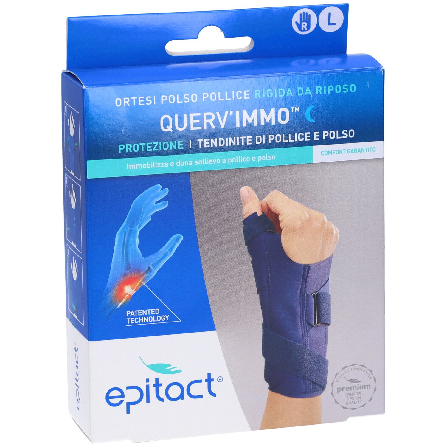Confezione Epitact. Ortesi polso pollice rigida da riposo QUERV'IMMO, taglia L. Mano con tutore. Logo Epitact. Blu e bianco.